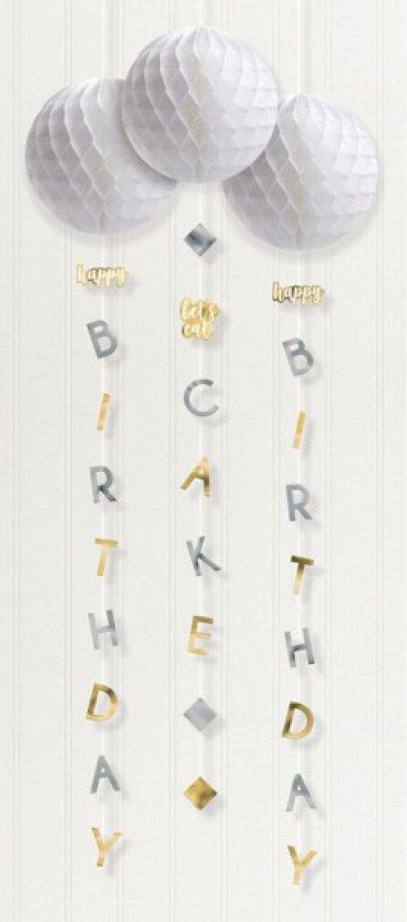 Amscan 290143 Palline A Nido D'ape Per Compleanno In Argento Con Coda Ritagliata Da Una Lettera - 3 Pezzi Compleanno A Nido D'ape 121,9 Cm Carta Argento/Oro 3 Pezzi, Multicolore, Grande
