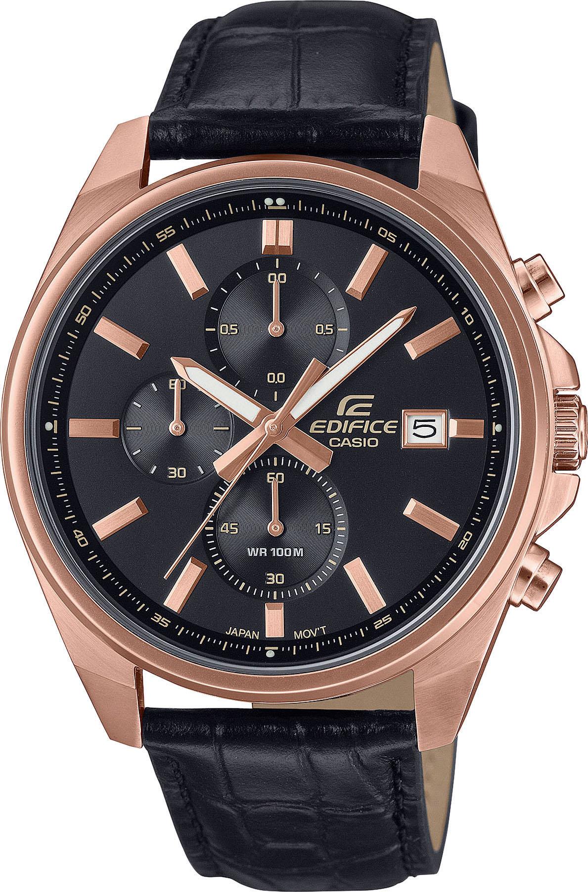 Chronograph Casio Edifice, Schwarz (Schwarz, Schwarz), Armbanduhren, Herren, Chronograph, Quarzuhr, Armbanduhr, Herrenuhr, Lederarmband, Analog, Tag