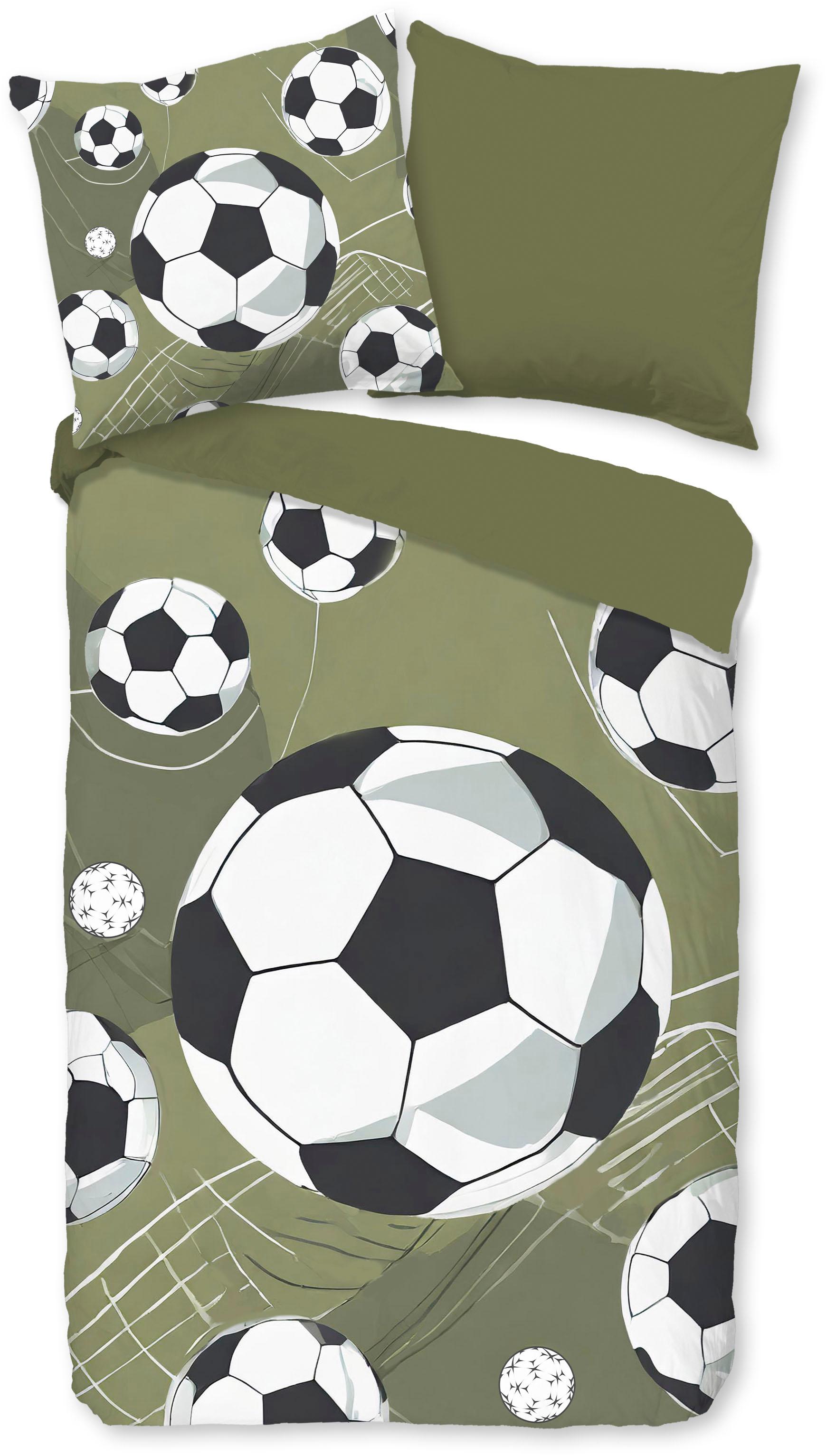 KinderbettwäSche "Daan", GrüN, B/L: 135Cm X 200Cm, 1 Stk., 1 Stk., Microfaser, B/L: 80Cm X 80Cm, 2 Stk., Microfaser, Obermaterial: 100% Polyester, Pure Luxury Collection, BettwäSche, Mikrofaser, 135X200, 2 Teilig, Wendeoptik, Kind, Junge, FußBall