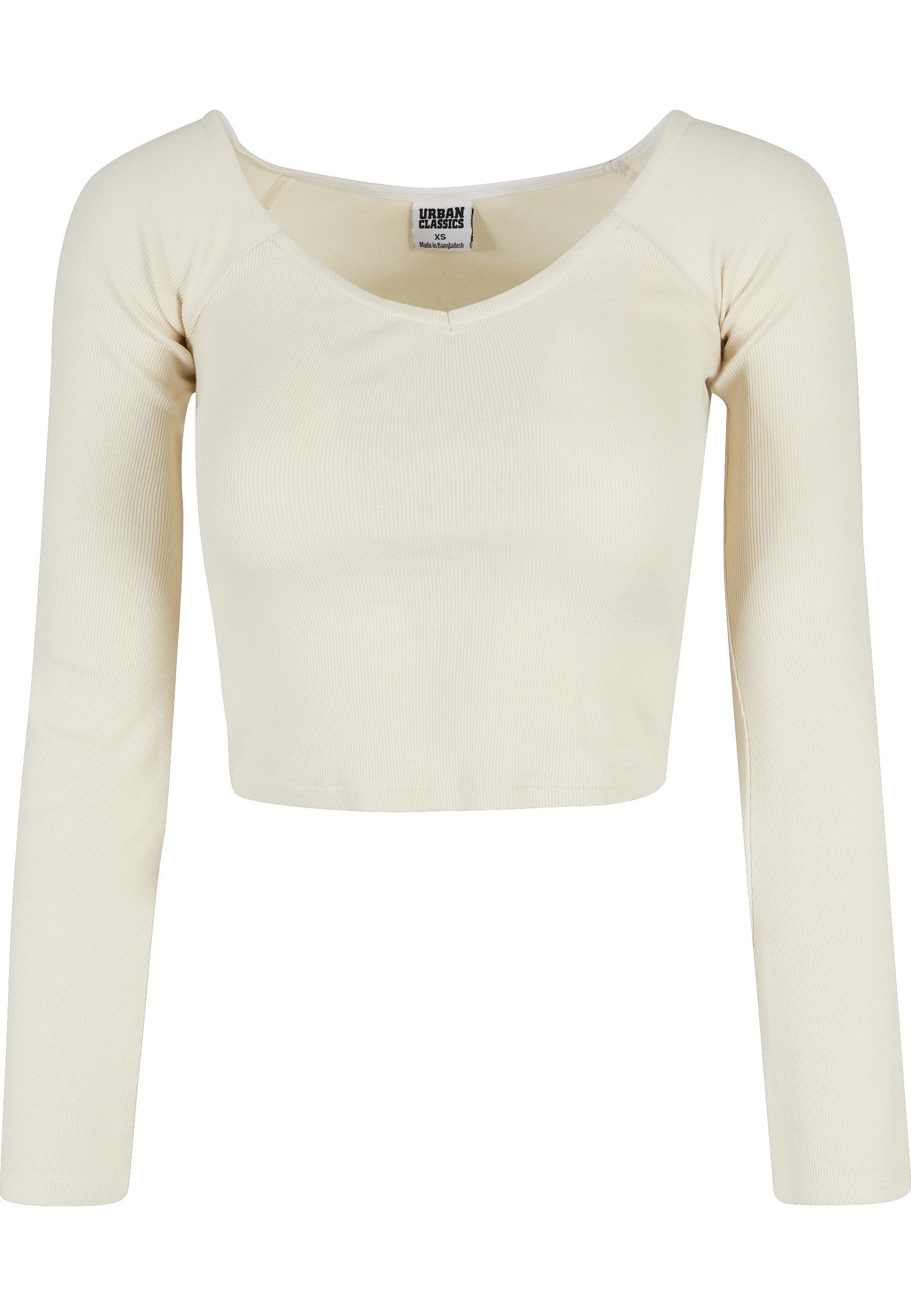 Langarmshirt Urban Classics "Urban Classics Damen Ladies Short Rib Wide V-Neck Longsleeve", Damen, Gr. L, Sandweiß, 97% Baumwolle, 3% Elasthan, Unifarben, Slim Fit, V-Ausschnitt, Shirts Langarmshirt