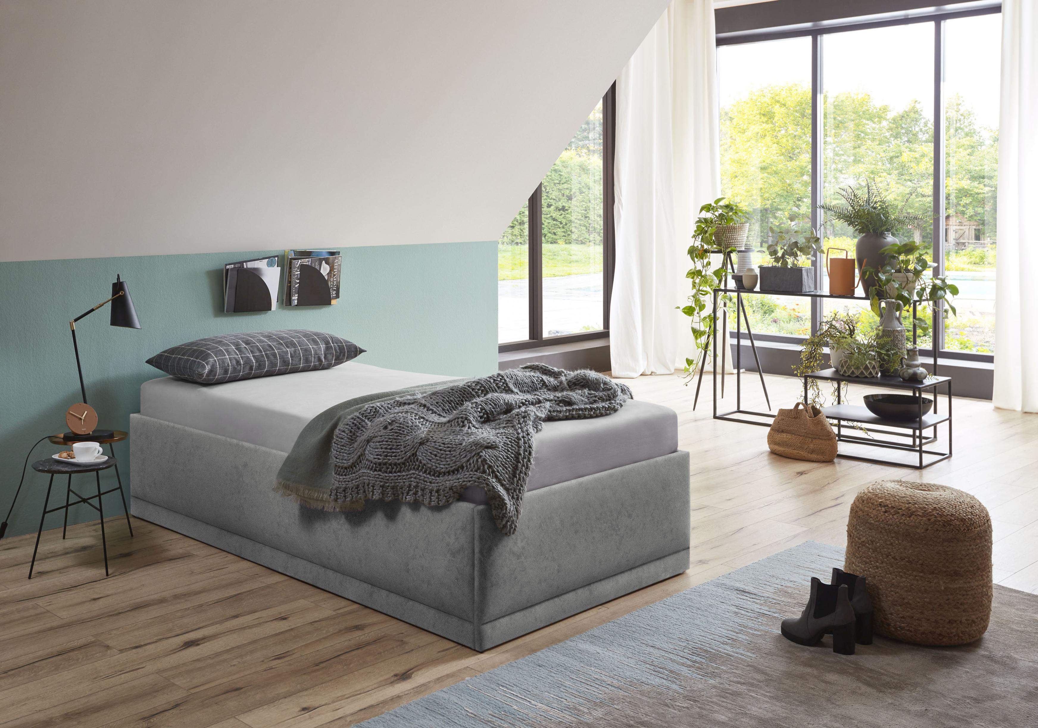 Polsterbett "Texel", grau, B:126cm H:34cm L:206cm, Bezug Bett: Veloursstoff 100% Polyester oder Microfaser (100% Polyester);Bonnell-Federkernmatratze: 51% Polypropylen, 39% Polyester und 10% Baumwolle;Kaltschaummatratze: 100% Polyester, Bezug abnehm- und waschbar bis 60C;Kissenbezug: 100% Polyester, Füllung : 100% Polyester (Hohlfaser), WESTFALIA SCHLAFKOMFORT, Betten, Polsterbett, Standardhöhe mi