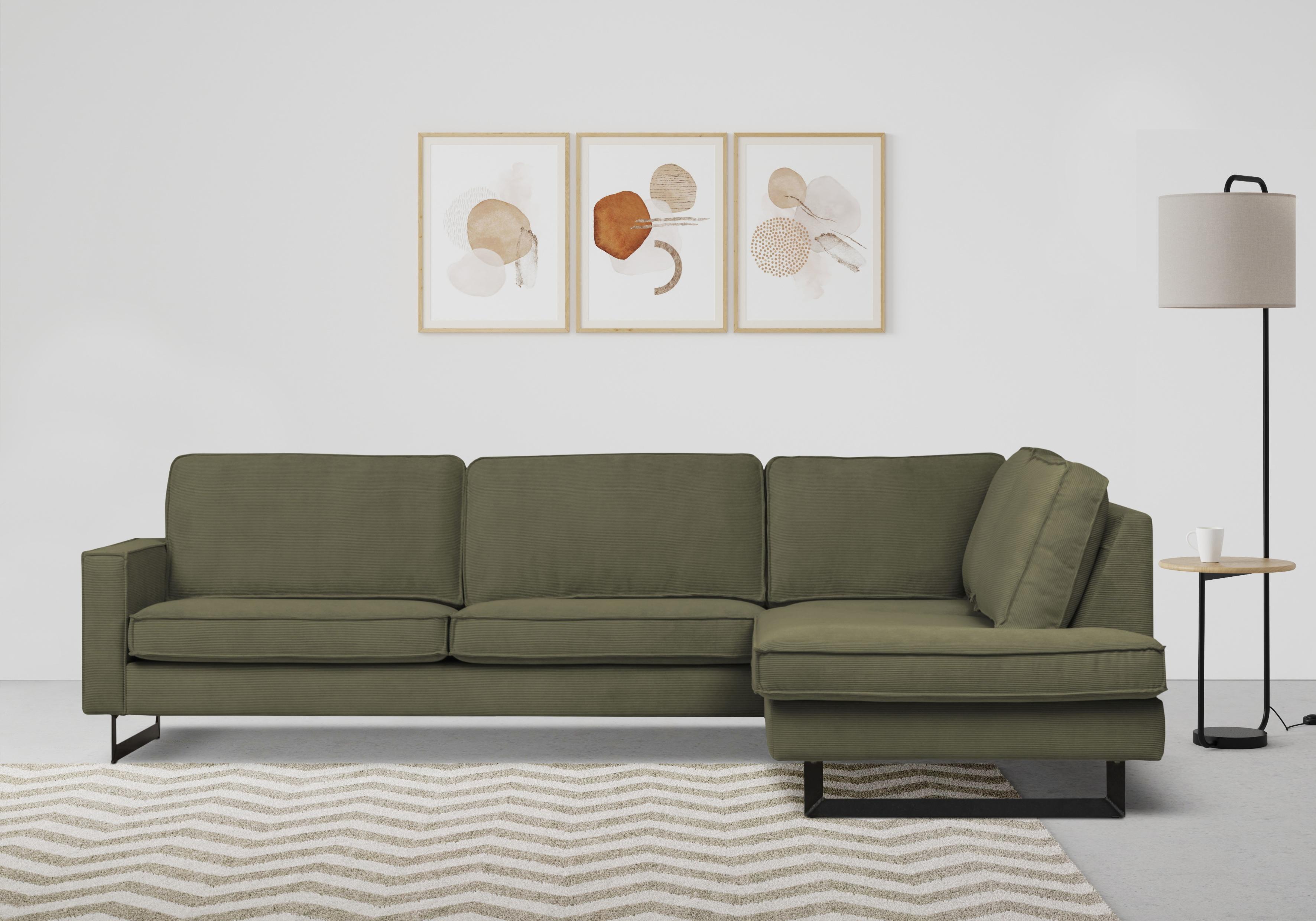 Ecksofa HOME AFFAIRE "Pinto, 290 cm, Cord, Chenille, Lederoptik, Ottomane links / rechts", grün (khaki), B:290cm H:85cm T:217cm, Luxus-Microfaser in Lederoptik (100% Polyester);Cord (92% Polyester, 8% Polyamide), Sofas, Ecksofa, mit Keder, schwarze Metallfüße, Wellenunterfederung