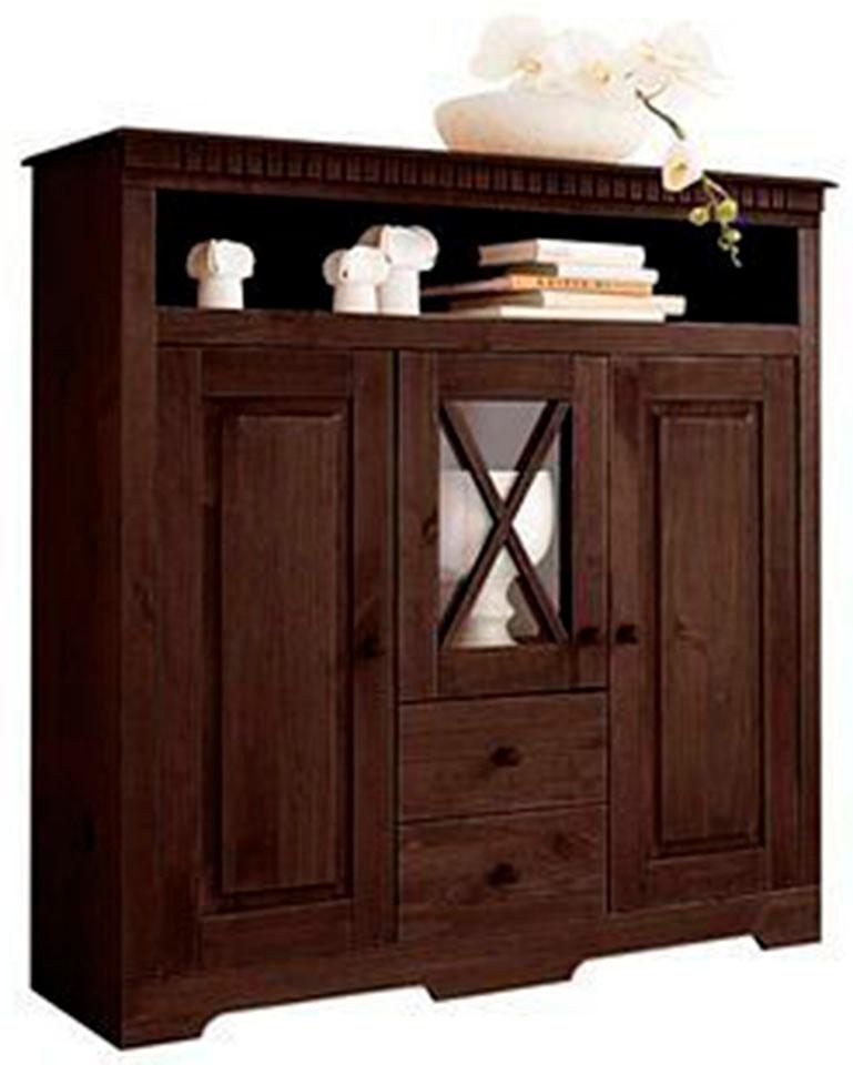 Highboard OTTO HOME "Lisa", braun (dunkelbraun), B:130cm H:125cm T:35cm, Massivholz, Sideboards, Highboard, Stauraumschrank aus massivem Kiefernholz, mit dekorativen Fräsungen