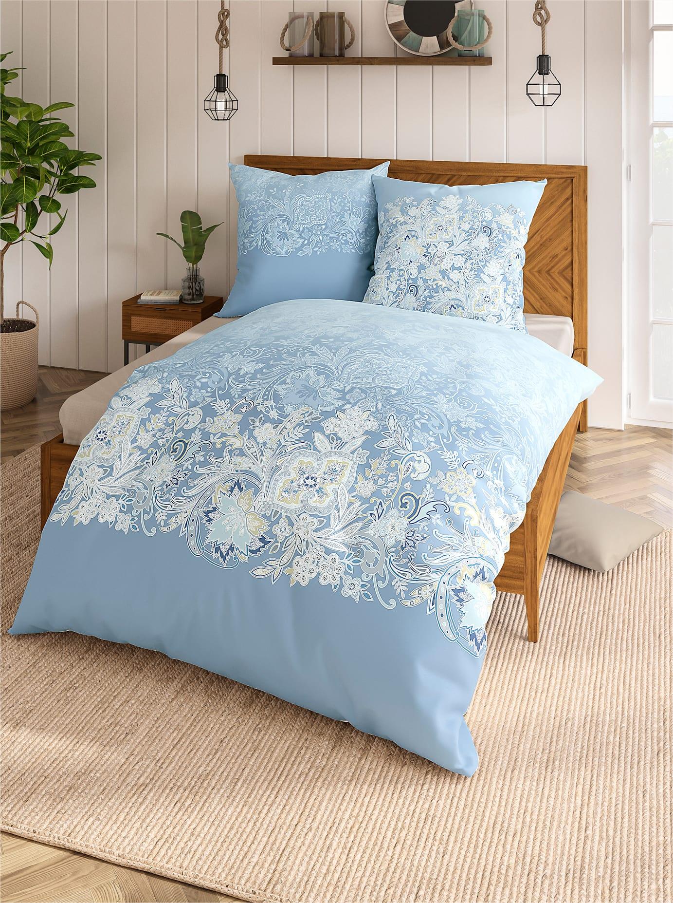 Bettwäsche KAEPPEL Gr. 3, blau (hellblau, bedruckt), B/L: 155cm x 220cm, Feinbiber, B/L: 80cm x 80cm, 2 Stk., Feinbiber, 100% Baumwolle, Bettwäsche, Bettwäsche