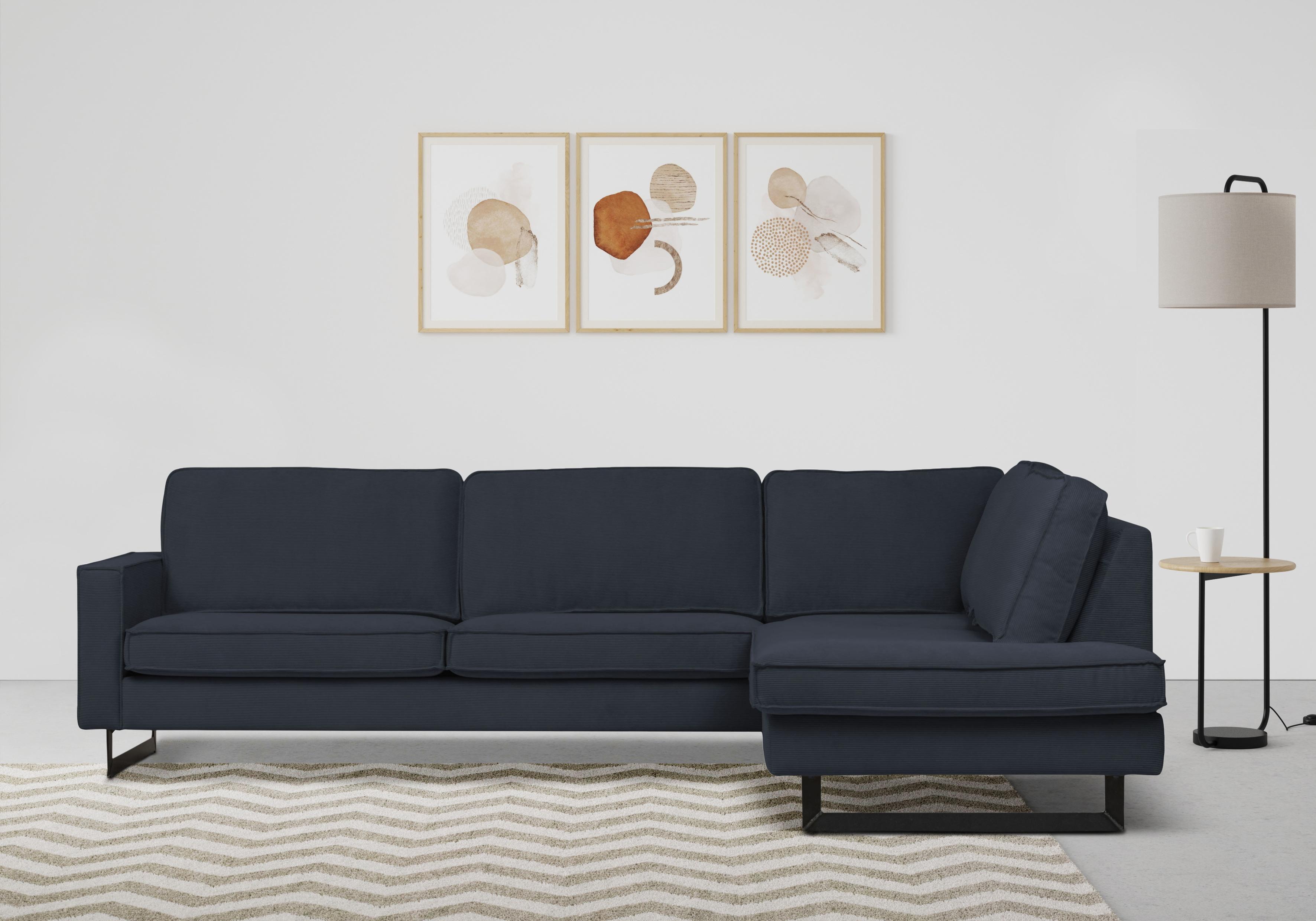 Ecksofa HOME AFFAIRE "Pinto, 290 cm, Cord, Chenille, Lederoptik, Ottomane links / rechts", blau (rauchblau), B:290cm H:85cm T:217cm, Luxus-Microfaser in Lederoptik (100% Polyester);Cord (92% Polyester, 8% Polyamide), Sofas, Ecksofa, mit Keder, schwarze Metallfüße, Wellenunterfederung