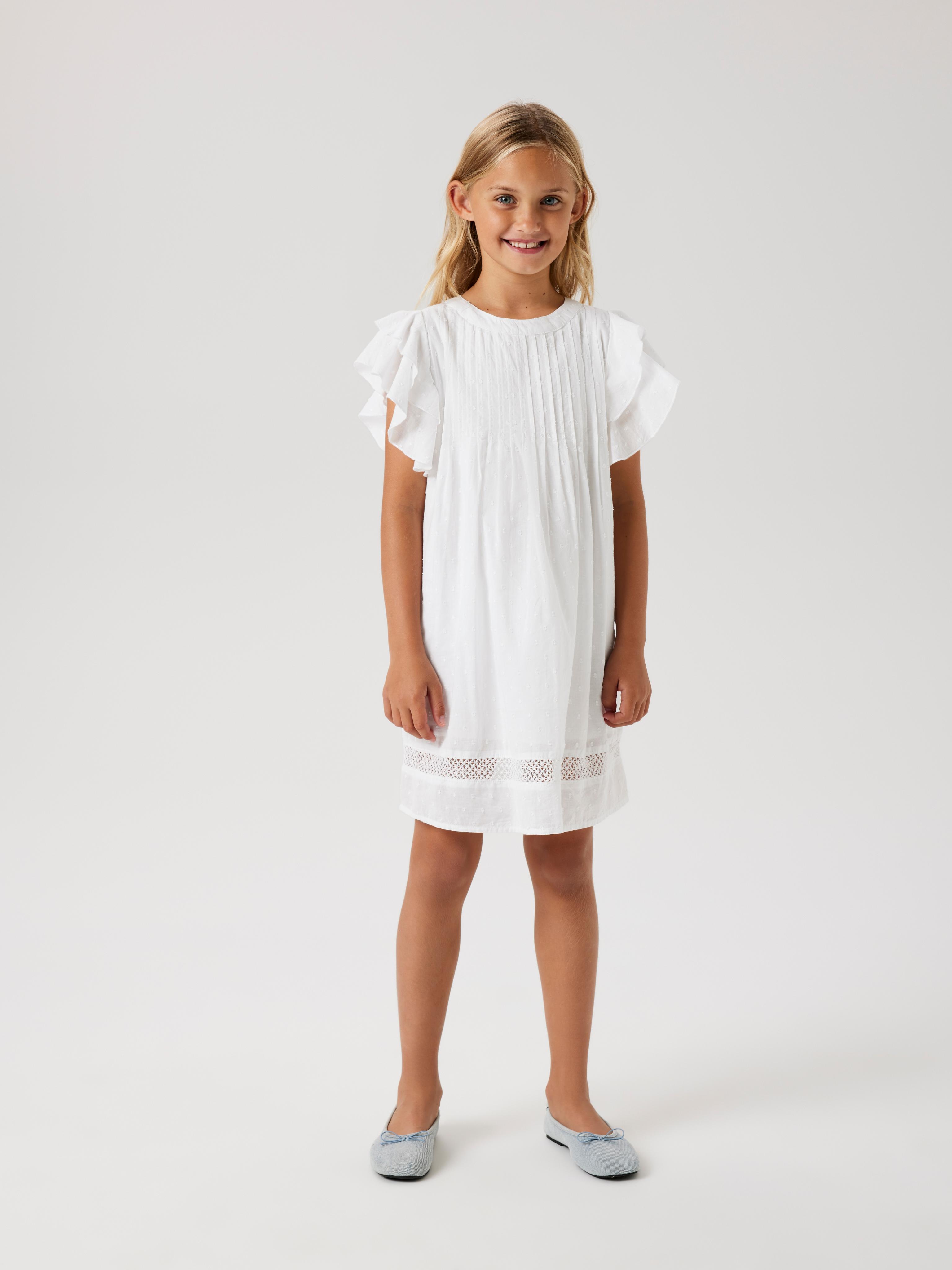 Midikleid NAME IT "NKFFARIDE SS DRESS NOOS", Mädchen, Gr. 128, N-Gr, weiß (hellweiß (blank)), Twill, Obermaterial: 100% Baumwolle, unifarben, normal ca. Mitte Oberschenkel, Rundhals, Kleider Midikleid
