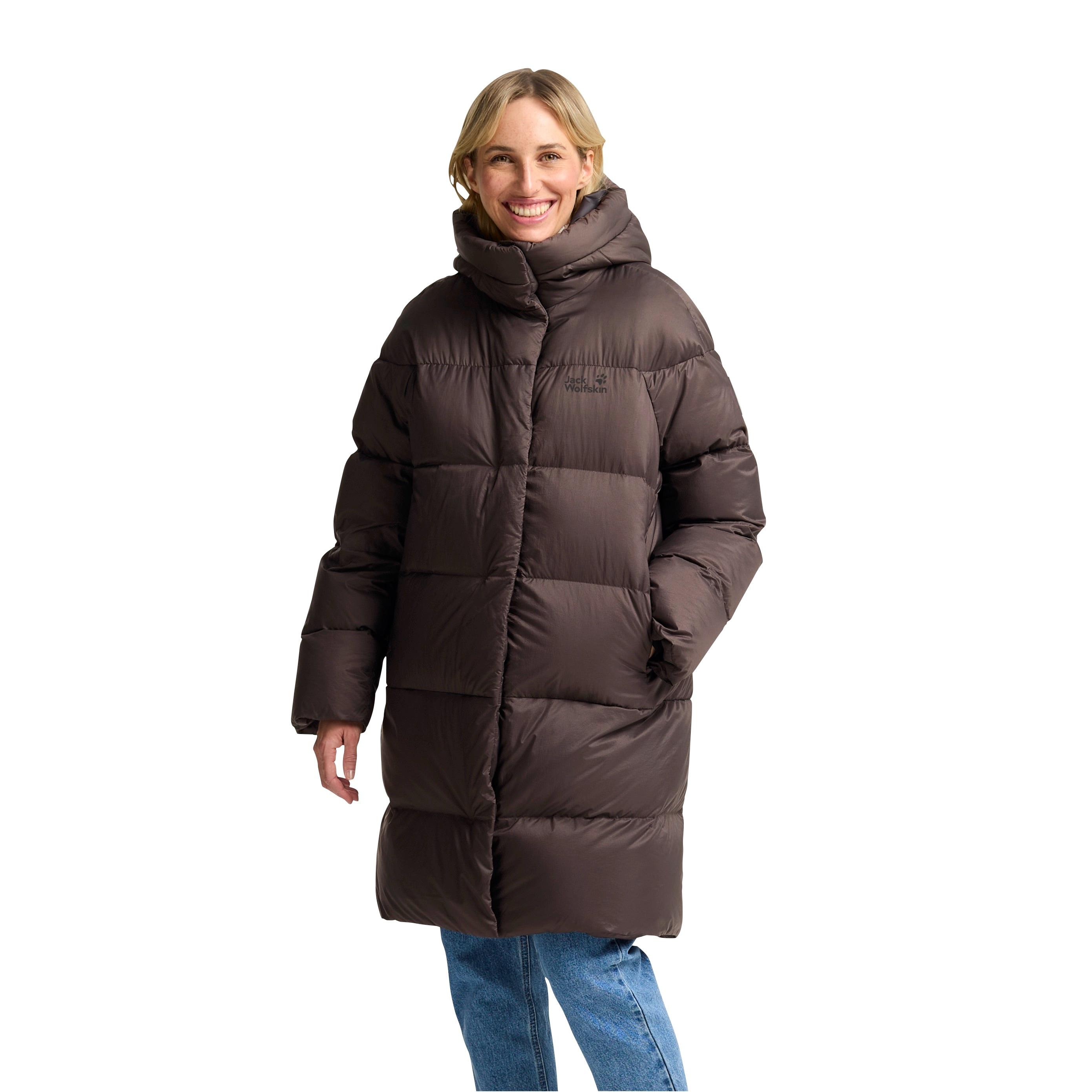Daunenmantel JACK WOLFSKIN "ICY HILL COAT W RDS", Damen, Gr. S, peat, Obermaterial: 100% Polyamid. Futter: 100% Polyester. Wattierung: 90% Entendaune, 10% Federn, Mäntel Daunenmantel, Wärmend, winddicht, Daunenjacke