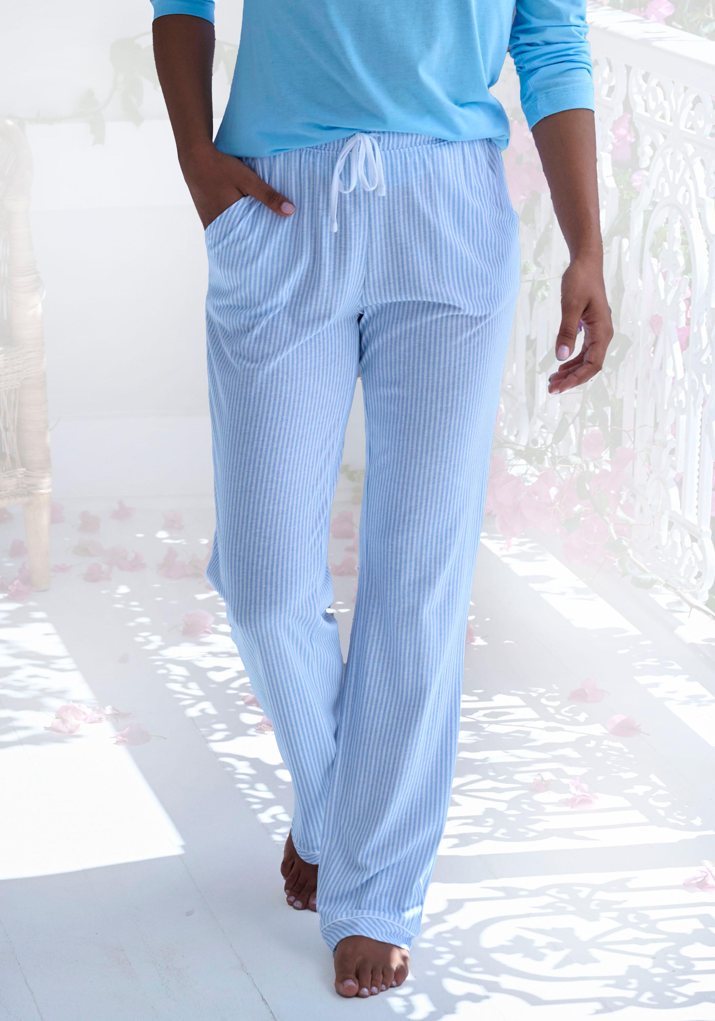 Pyjamahose S.Oliver, Damen, Gr. 36/38, N-Gr, Blau (Himmelblau, Gestreift), Single Jersey, Obermaterial: 50% Baumwolle, 50% Viskose, Gestreift, Bequem Lang, Hosen Pyjamahose, Mit Seitlichen Eingrifftaschen