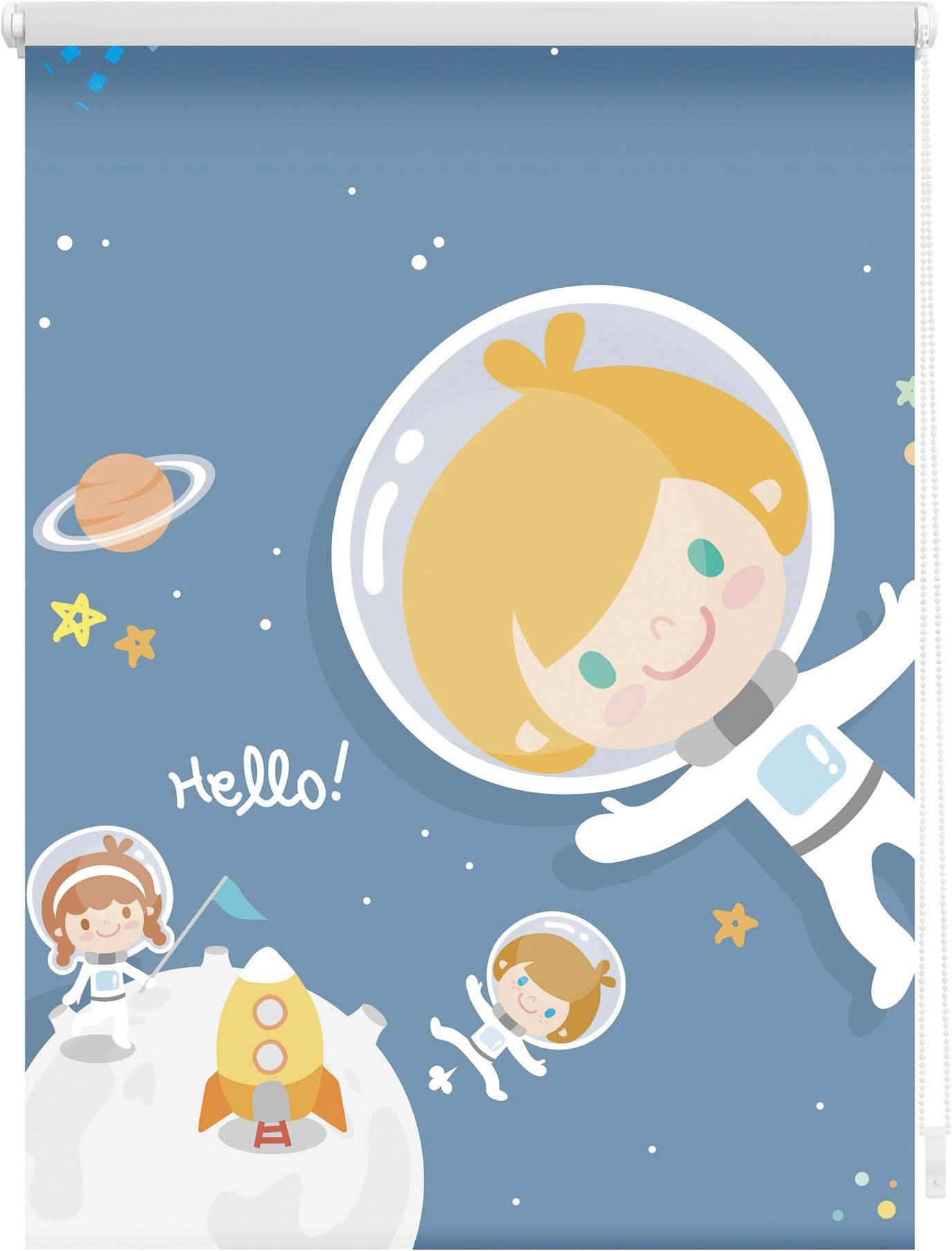 Seitenzugrollo LICHTBLICK ORIGINAL "Klemmfix Motiv Astronaut" Gr. 4, braun (braun, weiß), B:80cm H:150cm, Polyester, Rollos, Seitenzugrollo, bedruckt