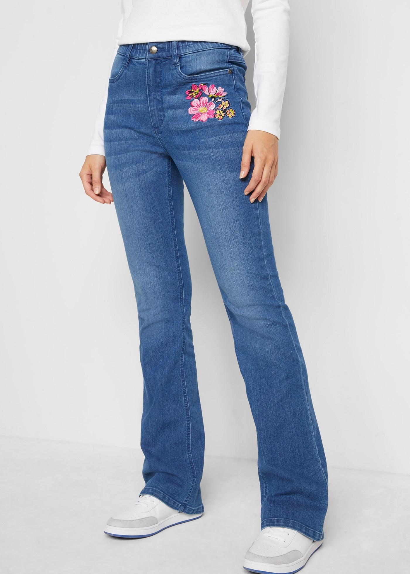 Bootcut-Jeans BONPRIX, Damen, Gr. 40, N-Gr, blau (blau denim used), Obermaterial: 82% Baumwolle, 17% Polyester, 1% Elasthan, slim fit, Jeans Bootcut-Jeans, Slim Fit Passform, High Waist, mit Stickerei