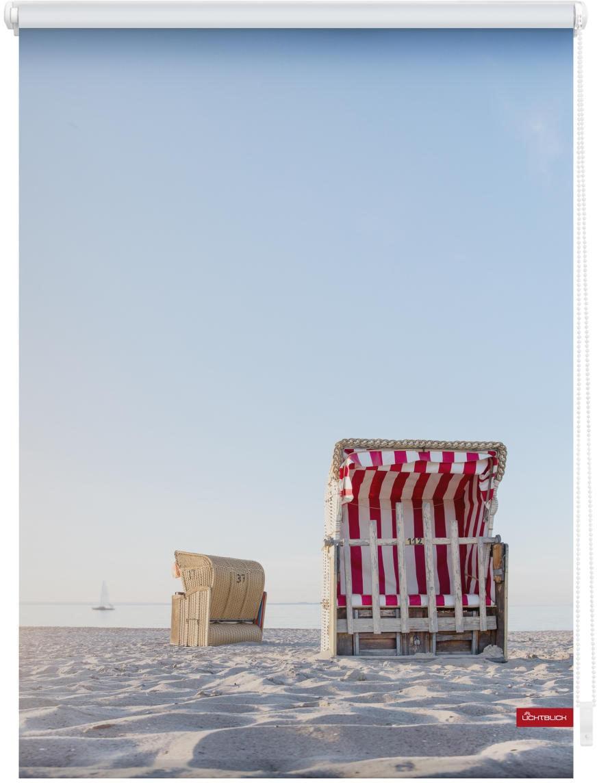 Seitenzugrollo LICHTBLICK ORIGINAL "Rollo Klemmfix, ohne Bohren, blickdicht, Strandkorb gestreift", blau (blau, beige, weiß), B:90cm H:150cm, Polyester, Rollos, Seitenzugrollo