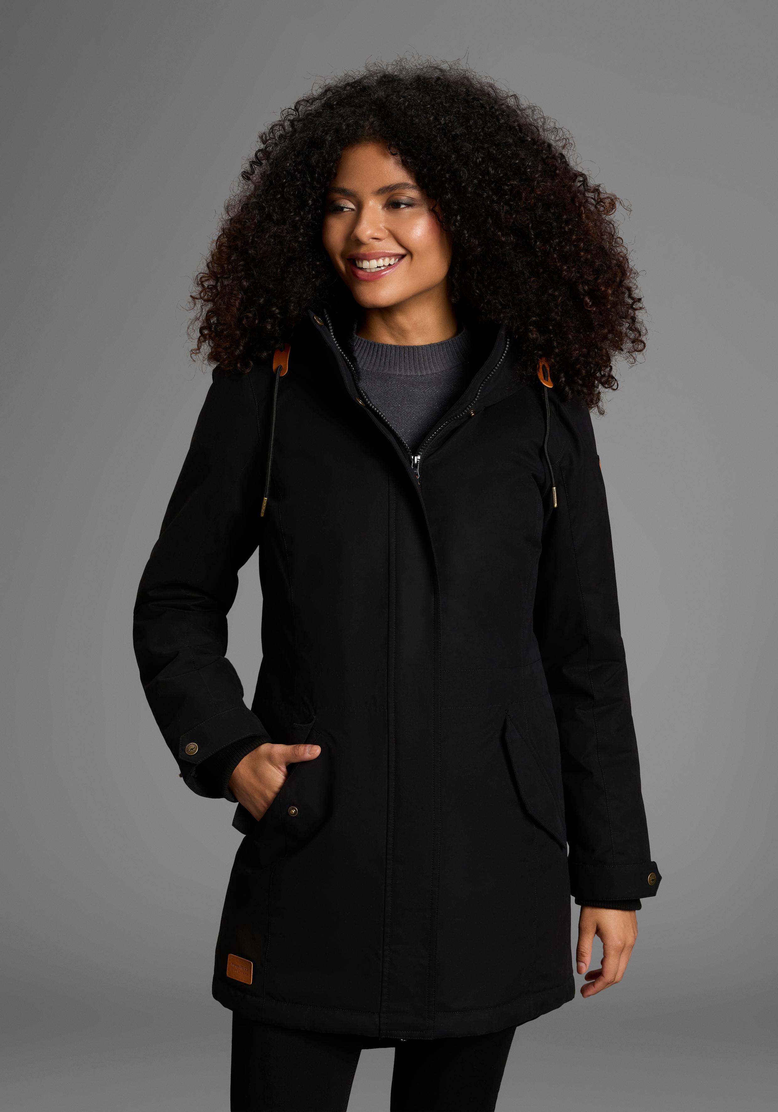 Parka KANGAROOS, Damen, Gr. 40, schwarz, Web, Obermaterial: 54% Polyester, 46% Baumwolle. Futter: 100% Polyester. Futter Oberteil: 100% Polyester. Wattierung: 100% Polyester, Fellimitat, unifarben, normal, Jacken Parka, mit Teddy Fellimitat gefüttert, Winterjacke, Topseller