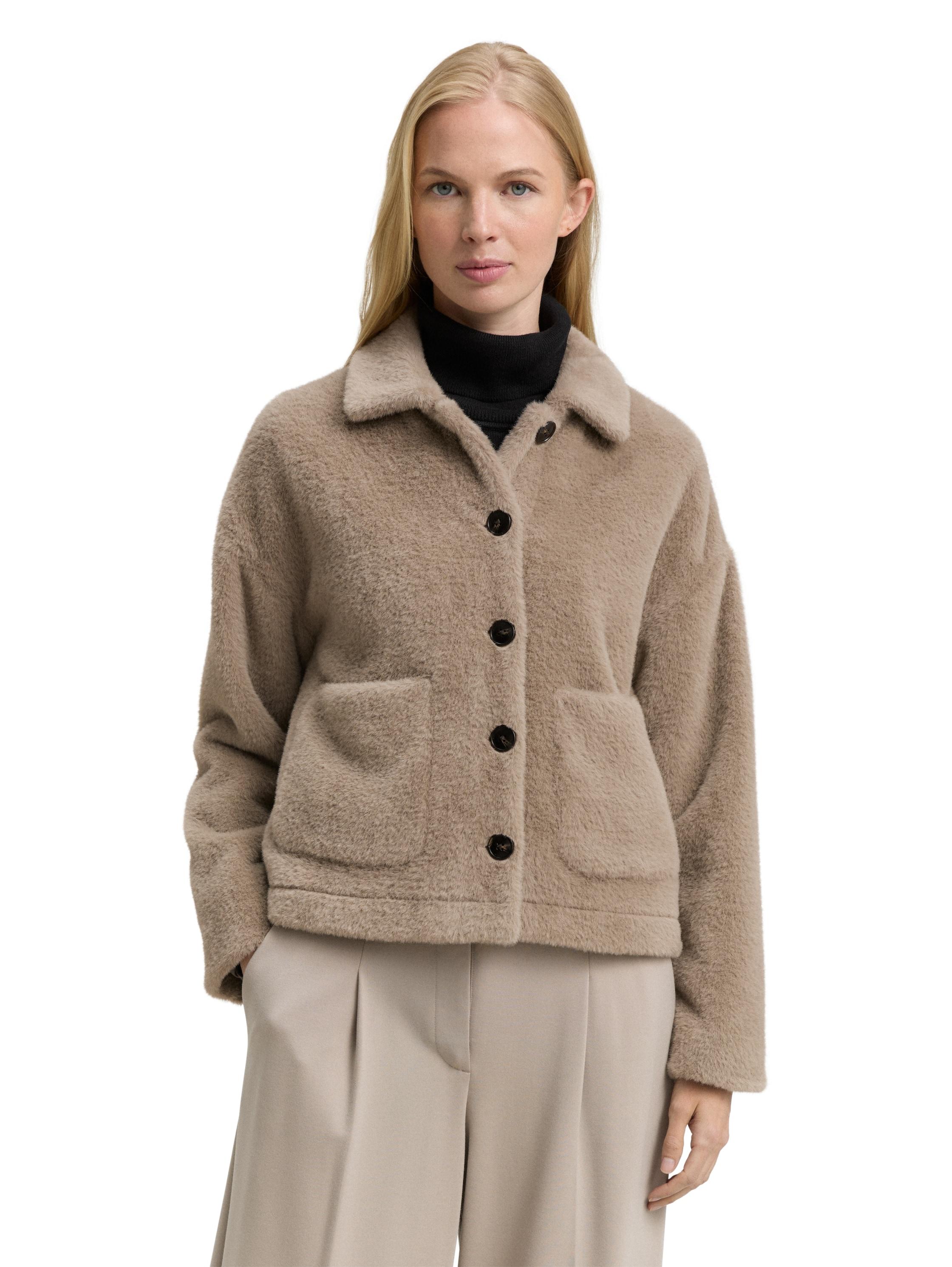 Bouclèjacke TOM TAILOR, Damen, Gr. L, soft taupe grau, Bouclé, Obermaterial: 54% Polyamid, 46% Polyester. Futter: 100% Polyester, unifarben, regular fit taillenbedeckt, gerader Abschluss, Jacken Bouclèjacke, mit Taschen