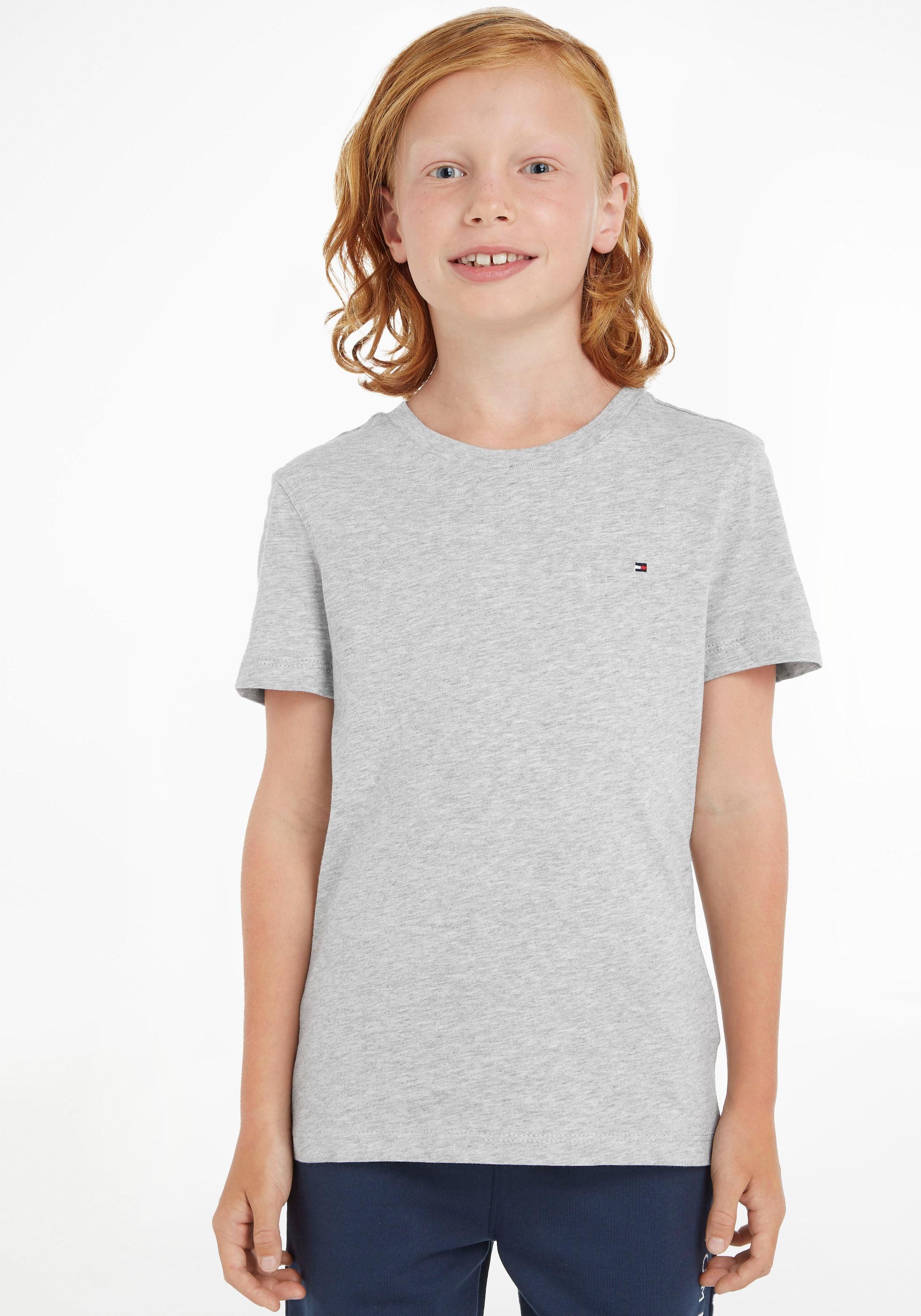 T-Shirt TOMMY HILFIGER "BOYS BASIC CN KNIT", Jungen, Gr. 7/122, grau (grau, meliert), Obermaterial: 100% Baumwolle, Basic schmal, Rundhals, Shirts T-Shirt, Kinder Kids Junior MiniMe