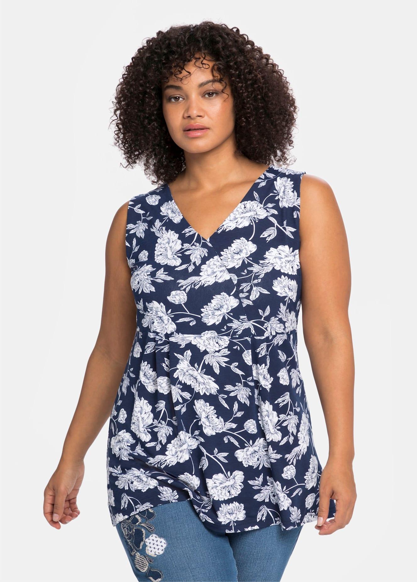 Longtop SHEEGO BY JOE BROWNS, Damen, Gr. 40, blau (blau bedruckt), 95% Viskose, 5% Elasthan, Spitze:100% Baumwolle, geblümt, gemustert, V-Ausschnitt, Tops Longtop