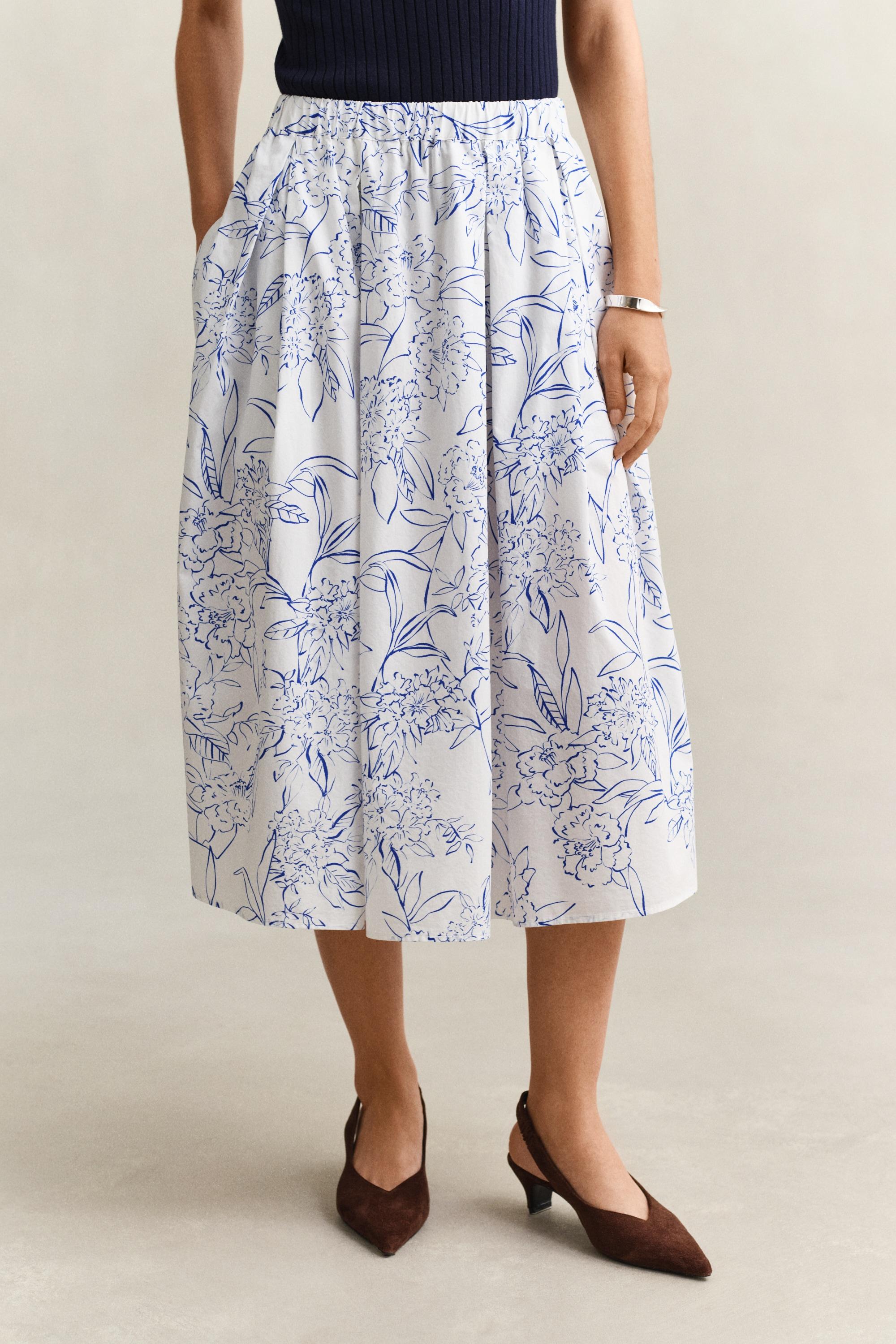 Midirock GANT "FLORAL PRINT PULL ON SKIRT", Damen, Gr. 40, weiß, Web, Obermaterial: 100% Baumwolle, regular fit ca. Mitte Wade, Röcke Midirock, geblümt, mittlere Leibhöhe