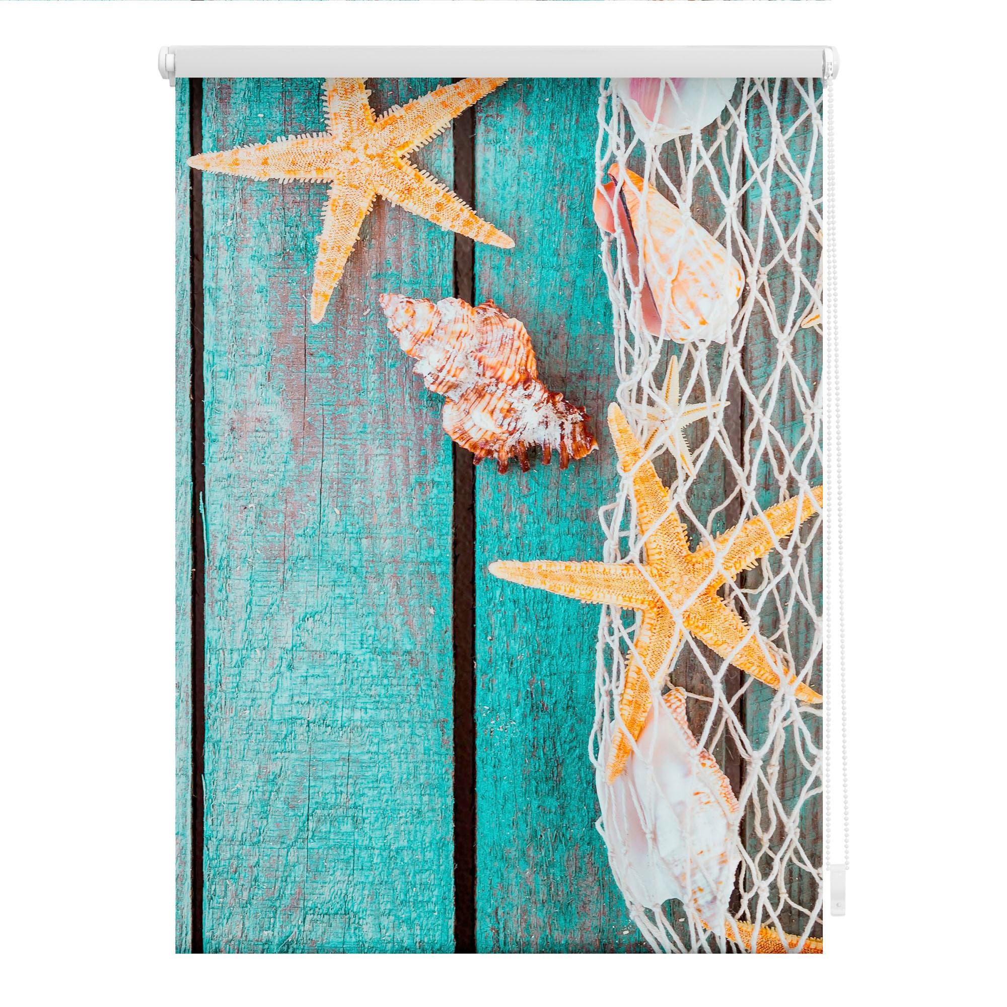 Seitenzugrollo LICHTBLICK ORIGINAL "Klemmfix Motiv Bretter Beach" Gr. 2, blau (petrol, weiß), B:70cm H:150cm, Polyester, Rollos, Seitenzugrollo, bedruckt