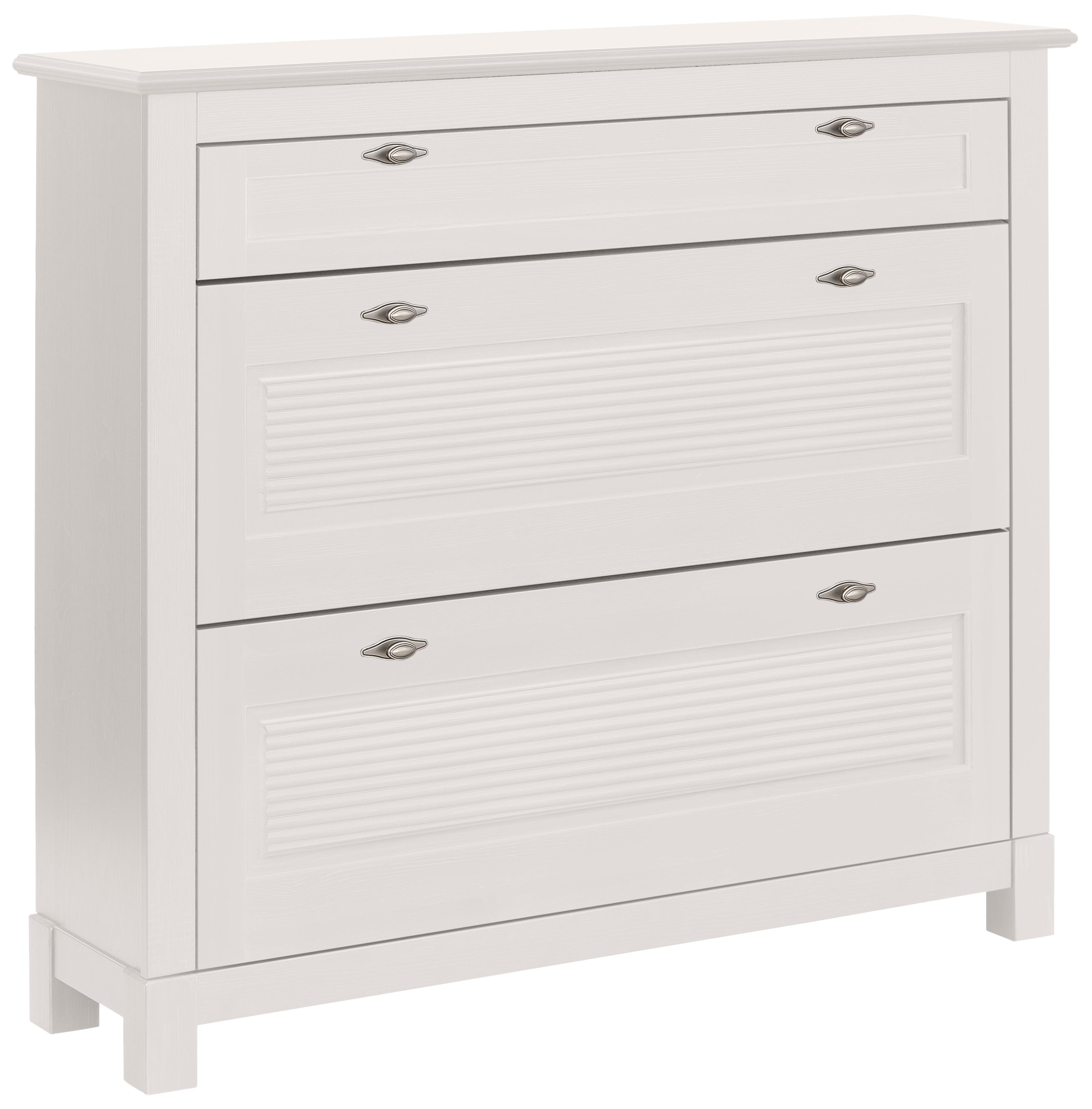 Schuhkommode OTTO HOME "Rauna Schuhkipper, Schuhschrank", weiß, B:111,5cm H:106,5cm T:38cm, FSC-zertifiziertes Massivholz, Sideboards, Schuhkommode, Kiefer massiv, FSC, 3-Fachschuhtrommel, ca. 24 Paar Schuhe