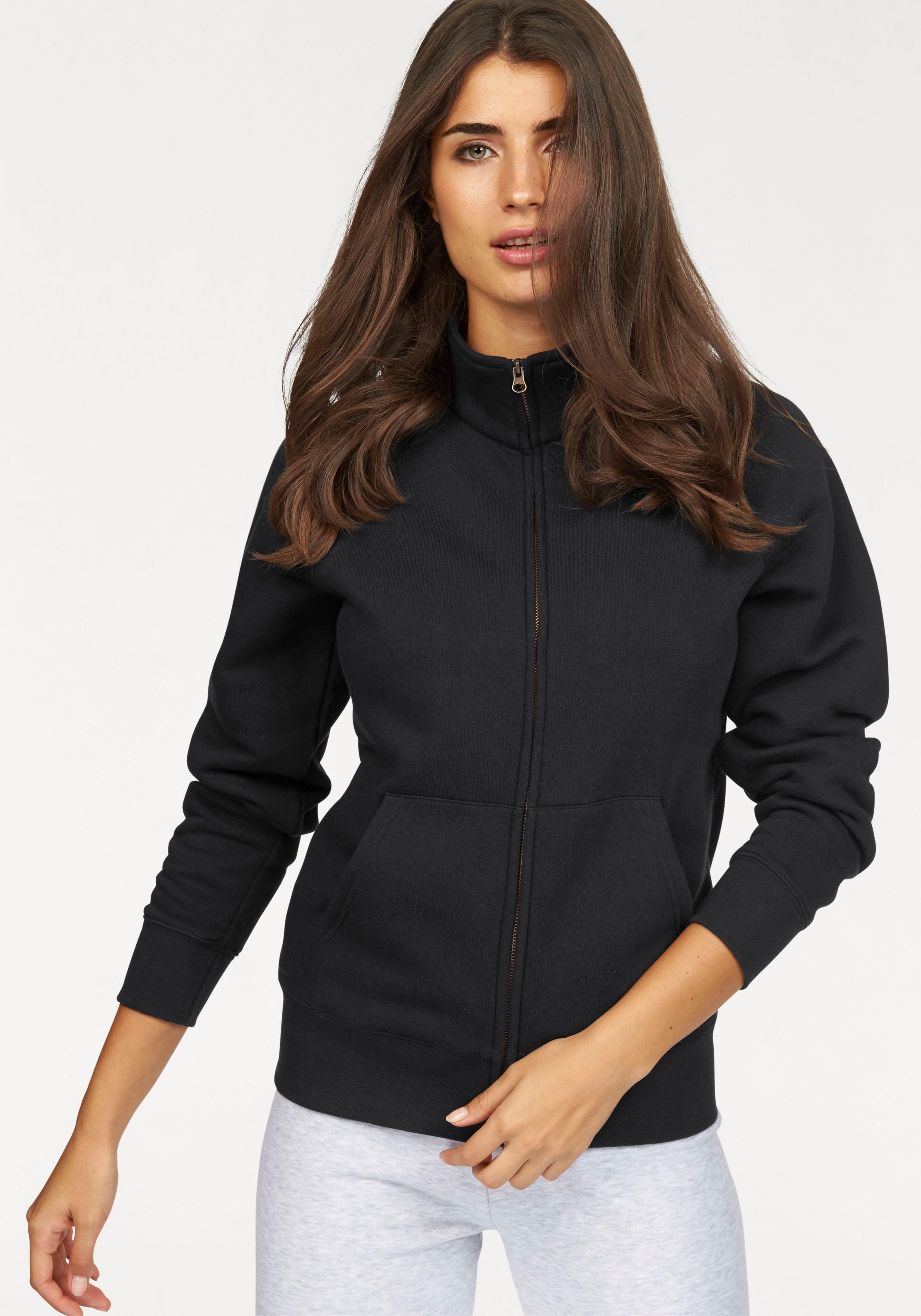 Sweatjacke FRUIT OF THE LOOM "Lady-Fit Premium Sweat Jacket", Damen, Gr. M (38), schwarz, angeraute Sweatware, Obermaterial: 70% Baumwolle, 30% Polyester, unifarben, Basic, figurbetont hüftbedeckend, Rundhals, Raglanärmel angesetztes Bündchen, Sweatjacken Sweatjacke, mit Reißverschluss, Topseller
