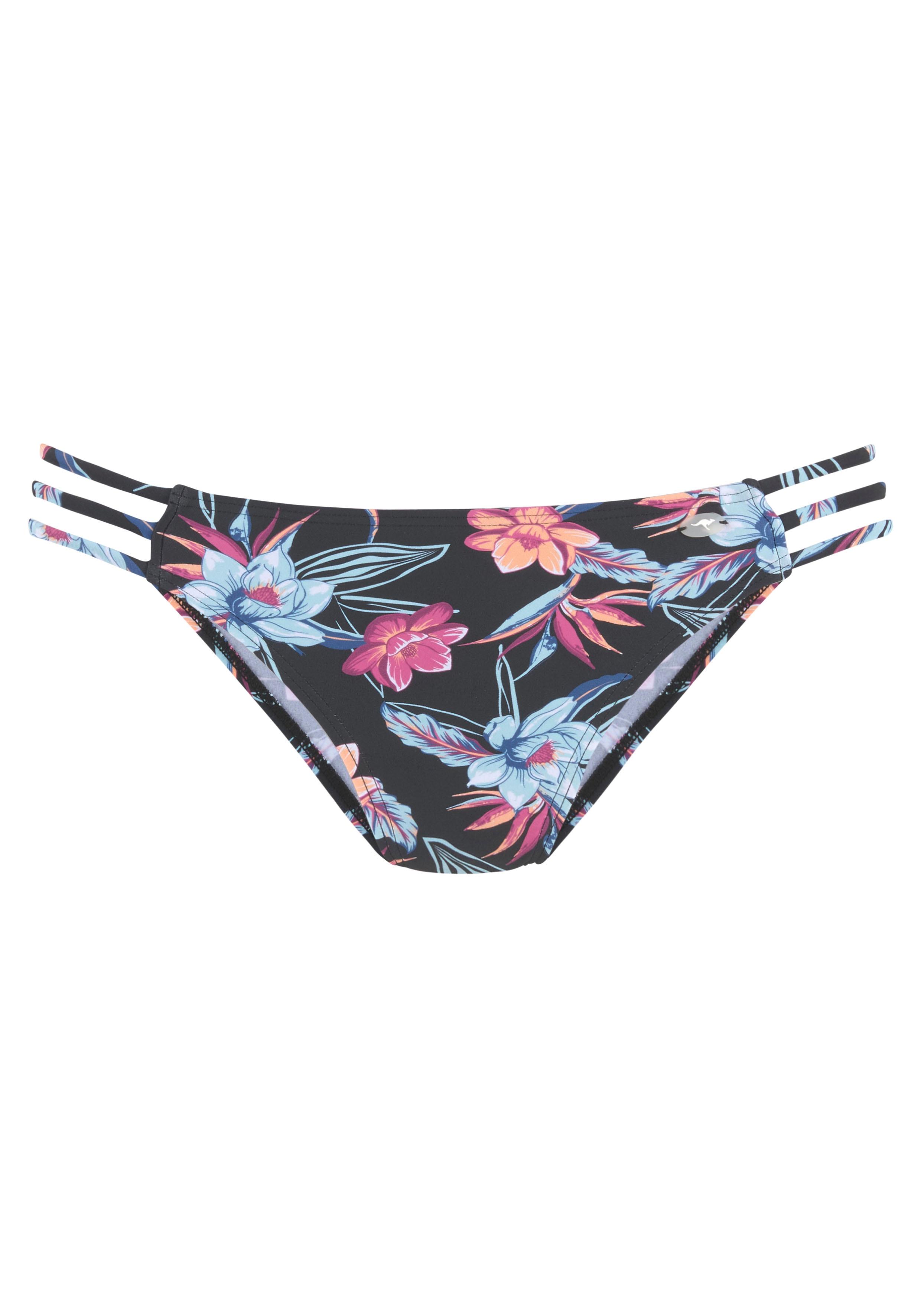 Bikini-Hose KANGAROOS "Agave", Damen, Gr. 36, N-Gr, schwarz (schwarz, bedruckt), Recycling-Polyamid, bedruckt, geblümt, Badehosen Bikini-Hose, mit seitlichen Bändern