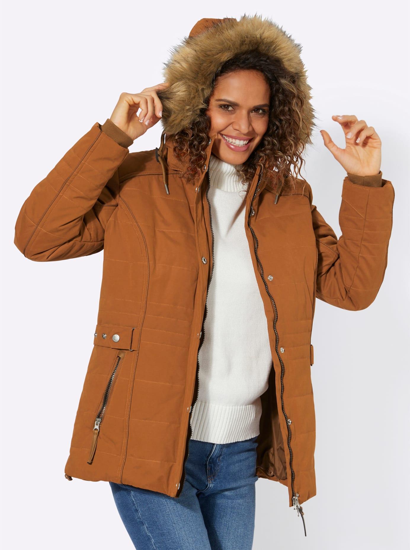Steppjacke CASUAL LOOKS, Damen, Gr. 52, braun (cognac), 50% Polyester, 37% Baumwolle, 13% Polyamid, Kunstpelz:80% Polyacryl, 20% Polyester, unifarben, Jacken Steppjacke