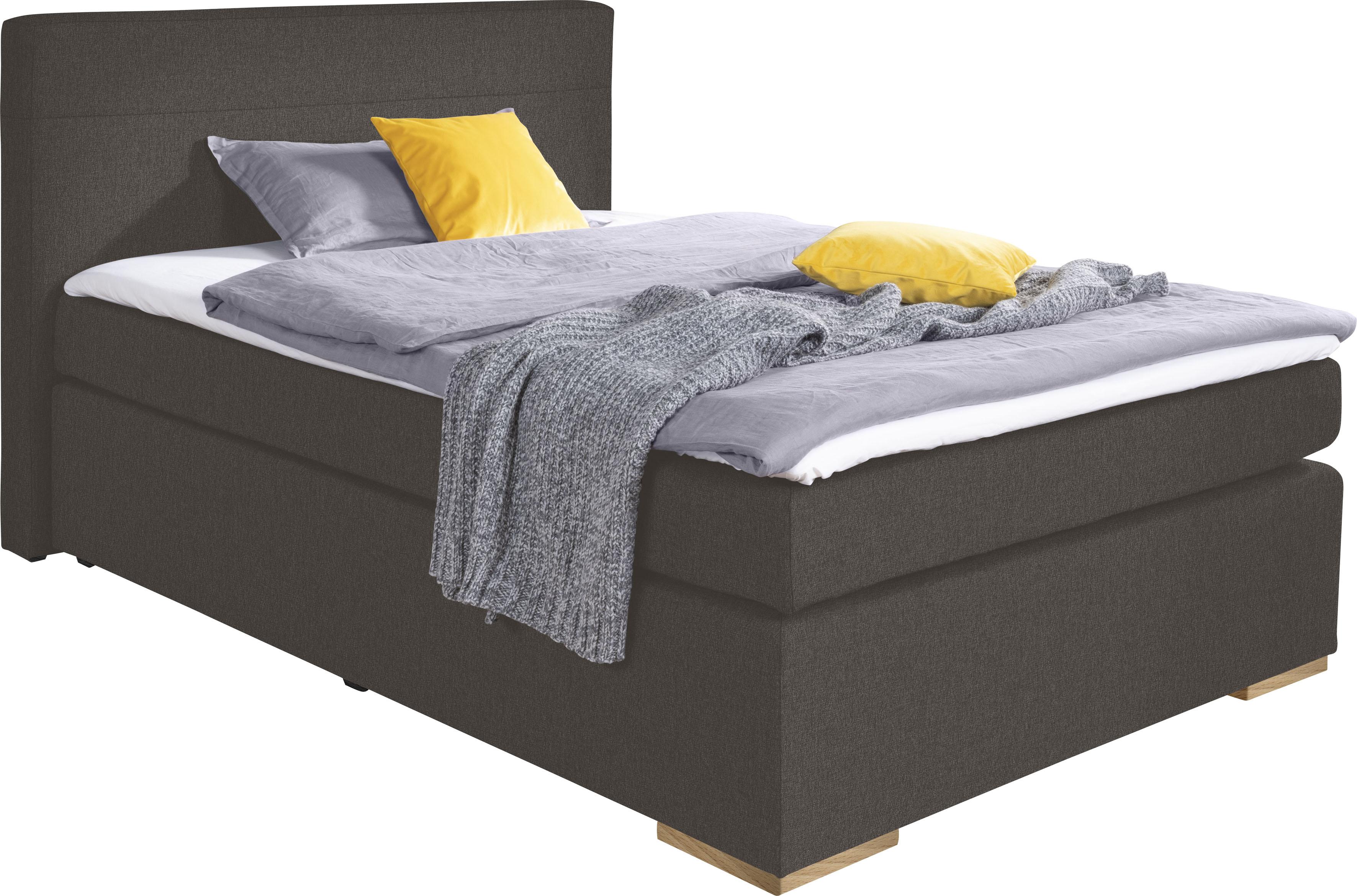 Boxspringbett ALINA "Nikki", braun (braungrau tra 4), B:153cm L:214cm, Feinstruktur TRA (100% Polyester), Komplettbetten, Boxspringbett, inklusive Matratze und Topper, Füße Buche natur