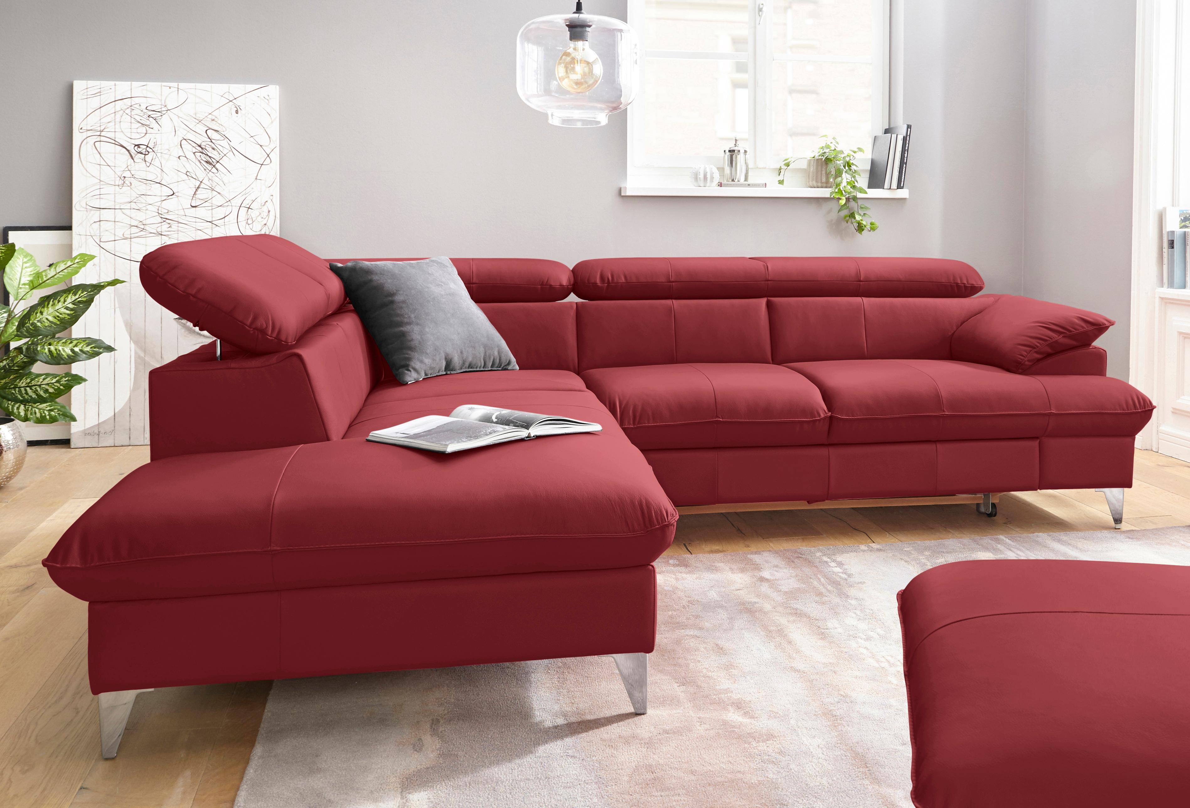Ecksofa COTTA "Caluso L-Form", rot, B:256cm H:74cm T:208cm, Kunstleder SOFTLUX;NaturLEDER (echtes Rindsleder);Microfaser PRIMABELLE (100% Polyester), Sofas, Ecksofa, mit Kopfteilverstellung, wahlweise mit Bettfunktion & Bettkasten