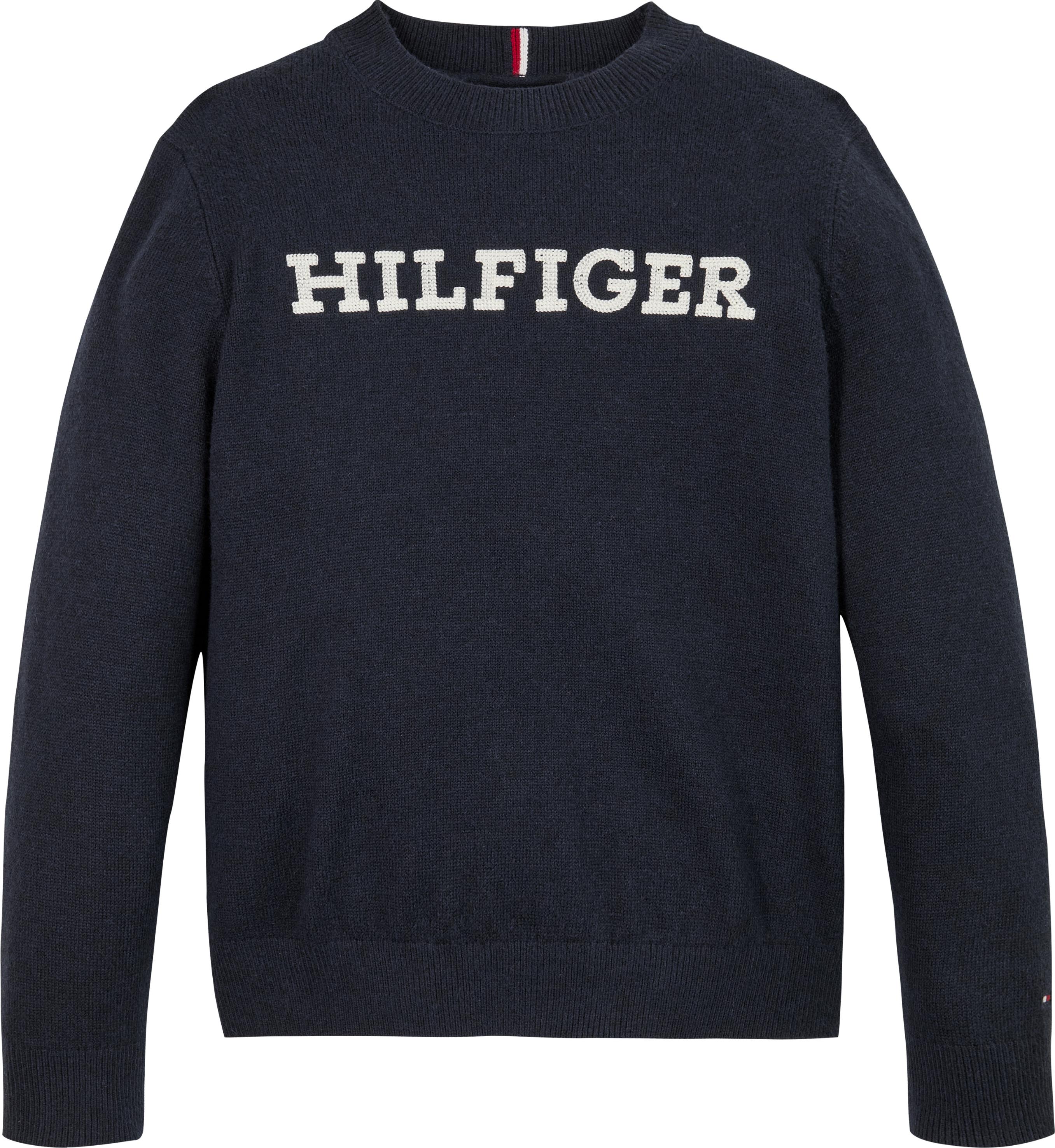 Strickpullover TOMMY HILFIGER "MONOTYPE REGULAR SWEATER", Jungen, Gr. 74, blau (desert sky), Strick, Obermaterial: 56% Baumwolle, 25% Polyester, 16% Polyamid, 3% Elasthan, unifarben, Basic, regular fit, Rundhals, Rippstrickbündchen, Pullover Strickpullover, Baby bis 2 Jahre; mit aufgesticktem Logo
