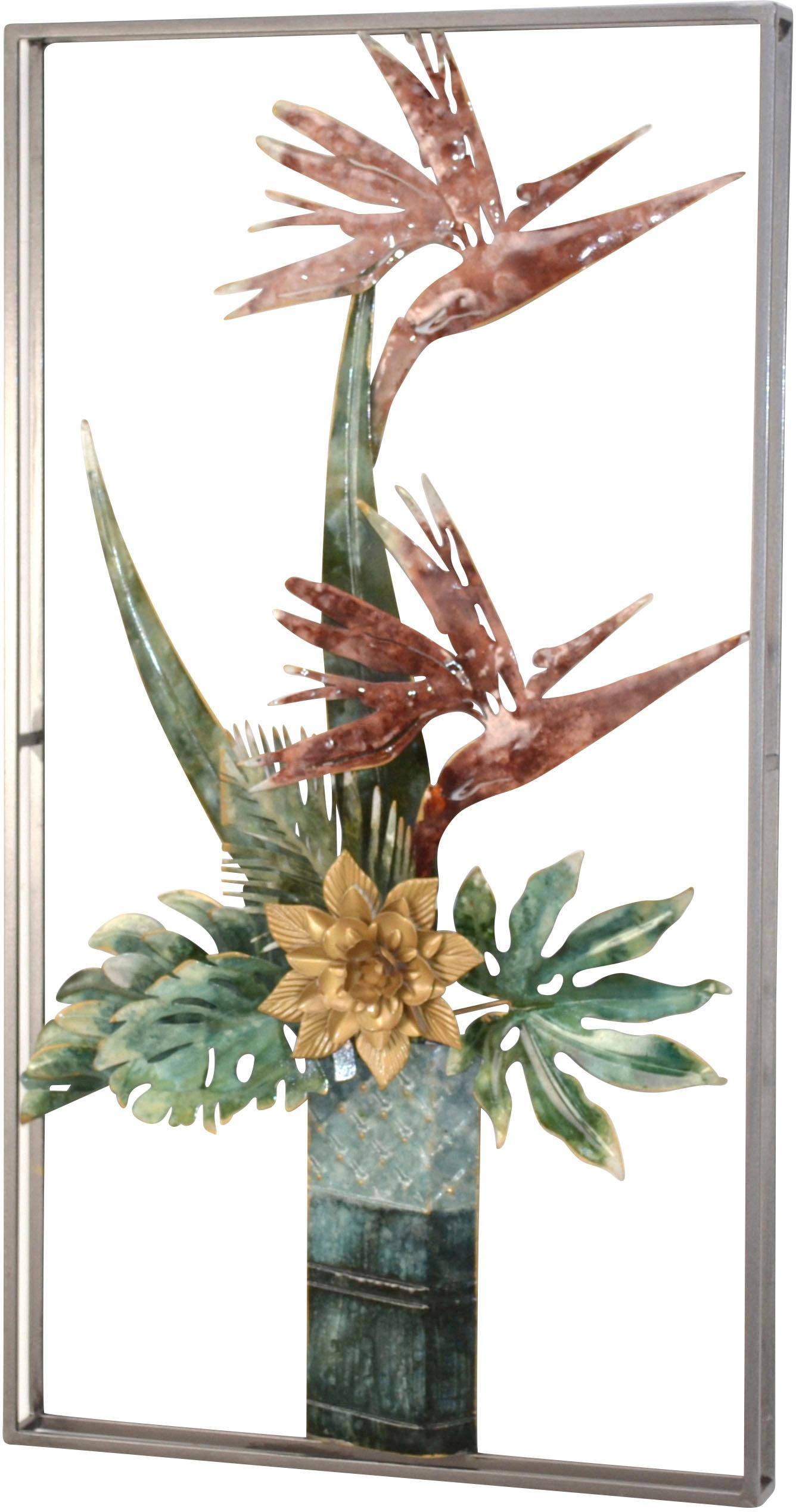 Wanddekoobjekt "Wanddekoration", blau, B:50cm H:91cm T:6cm, Metall, HOFMANN LIVING AND MORE, Wanddekoobjekte, Wanddekoobjekt, aus Metall, Paradiesblume in Vase