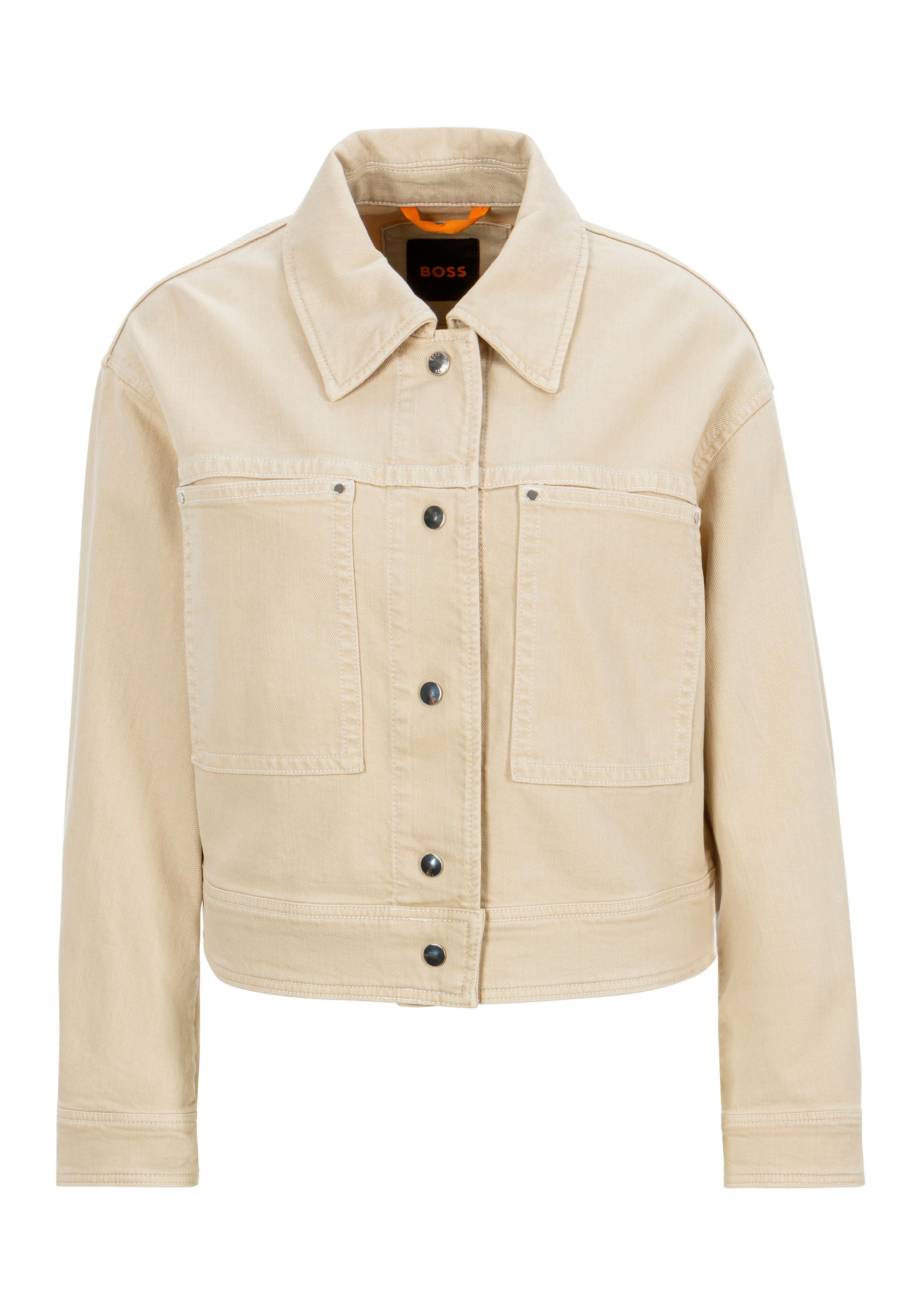 Kurzblazer BOSS ORANGE "Jelt-D Premium Damenmode", Damen, Gr. 46, beige (open beige 287), Web, Obermaterial: 60% Baumwolle, 38% Lyocell, 2% Elasthan, unifarben, Blazer Kurzblazer, im Biker-Style, cropped