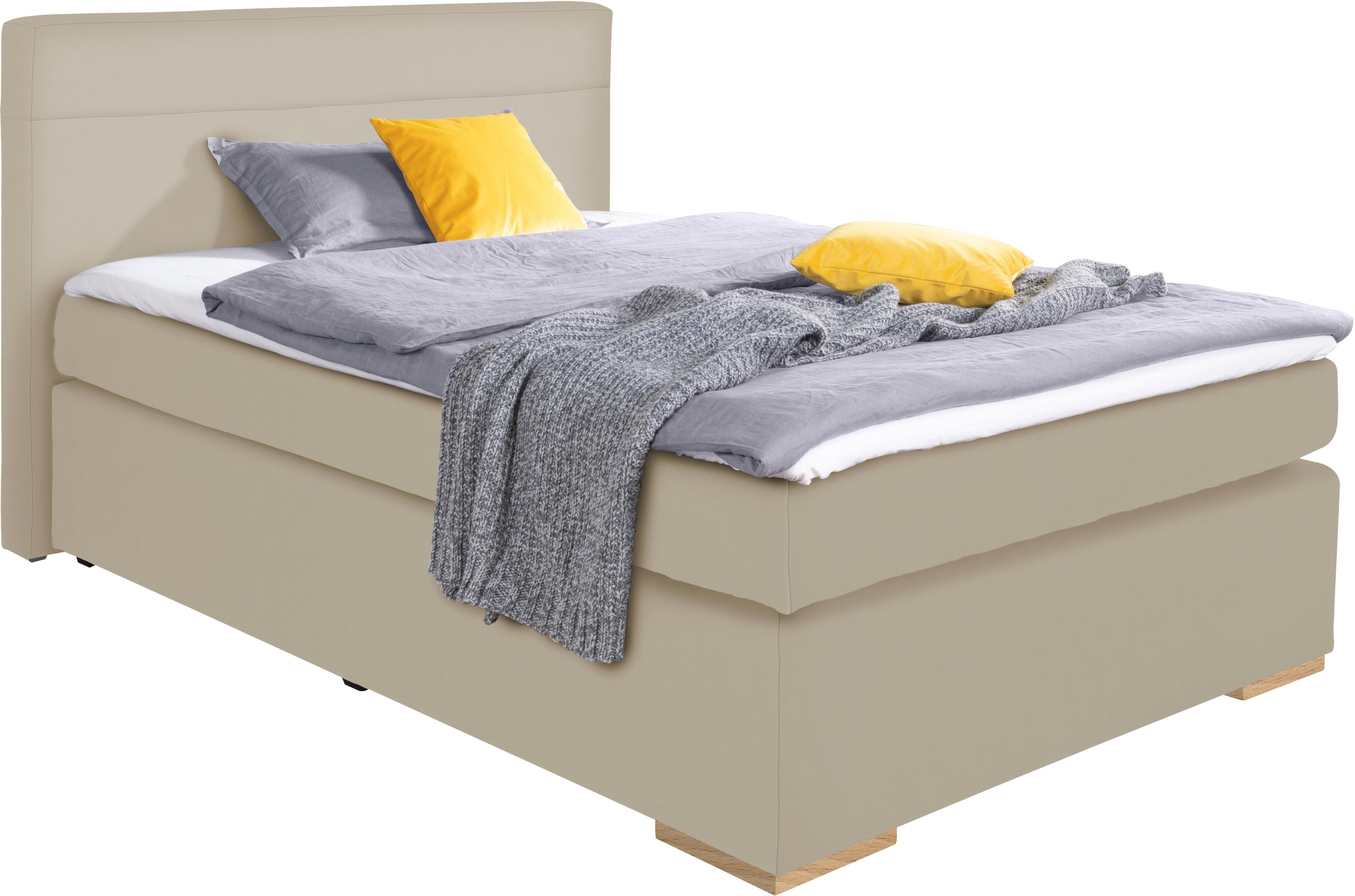 Boxspringbett ALINA "Nikki", beige (schlamm tls 49), B:133cm L:214cm, Komplettbetten, Boxspringbett, inklusive Matratze und Topper, Füße Buche natur