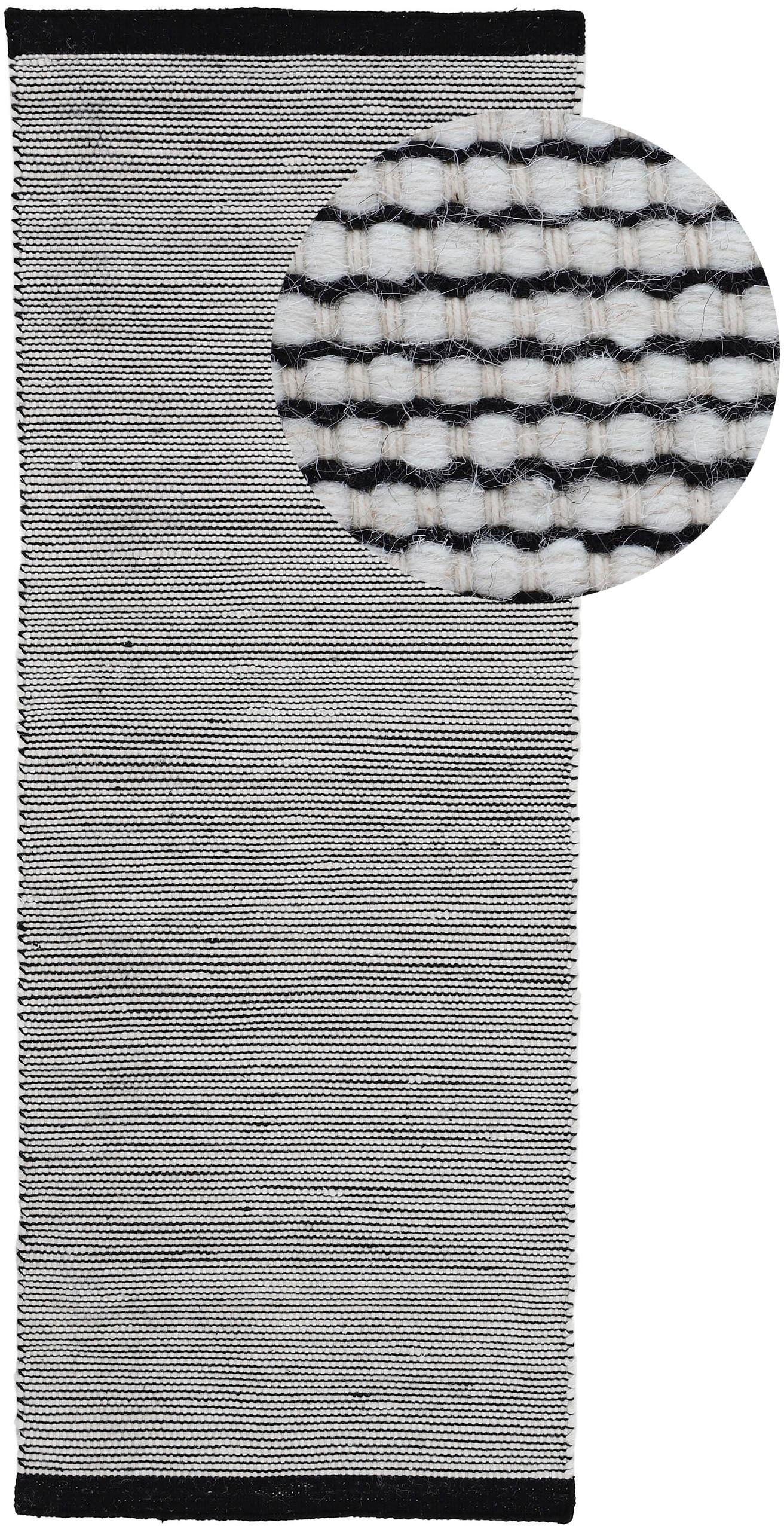 Wollteppich CARPETFINE "Mona, auch als Läufer", schwarz, B:75cm H:5mm L:300cm, Wolle, Teppiche, Wollteppich, 80% Wolle, Wendeteppich aus Wolle/Baumwolle, Wohnzimmer