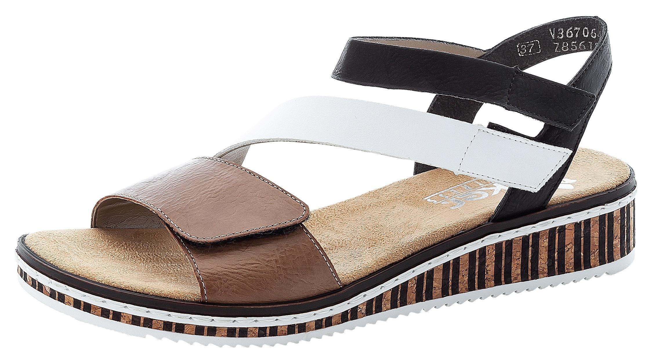 Riemchensandale RIEKER, Damen, Gr. 38, schwarz (braun, weiß, schwarz), Lederimitat, mehrfarbig, Schuhe Riemchensandale, Sommerschuh, Sandalette, Keilabsatz, im modernen Look, Topseller