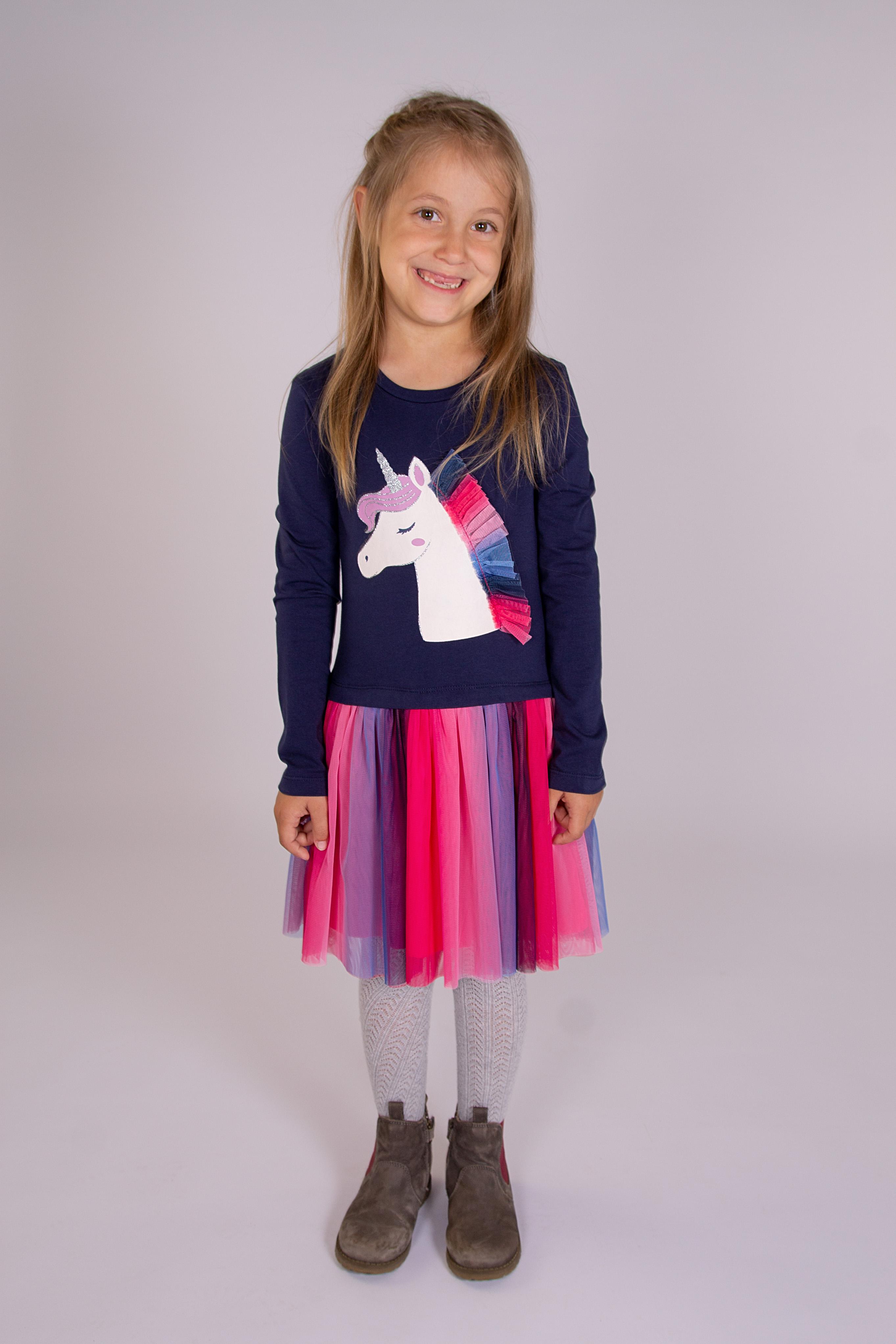 Midikleid HAPPY GIRLS, Mädchen, Gr. 140, N-Gr, blau (navy), Jersey, Obermaterial: 95% Baumwolle, 5% Elasthan. Futter: 100% Polyester. Unterteil: 100% Polyester, bedruckt, regular fit, Rundhals, Kleider Midikleid