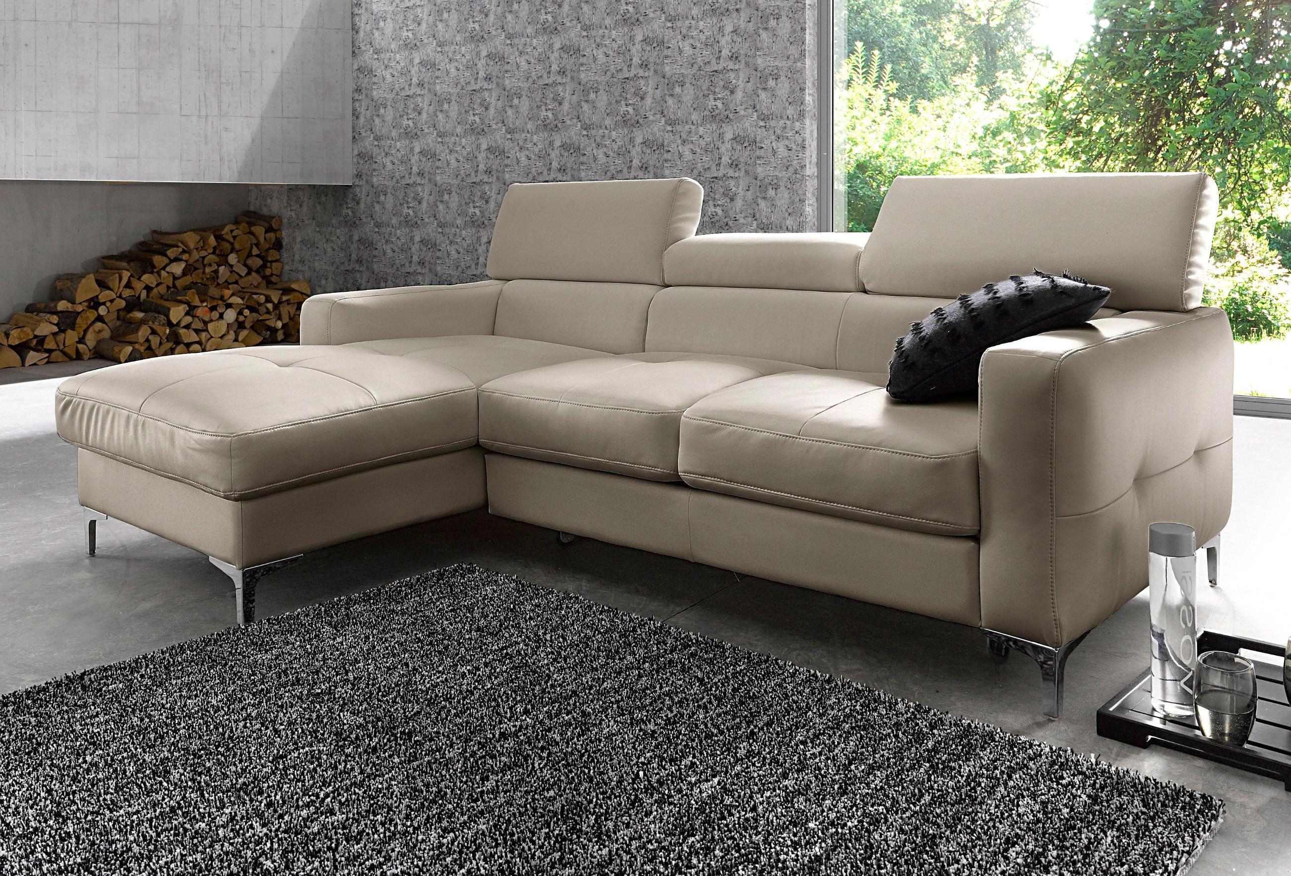 Ecksofa COTTA "Sammy L-Form", grau, B:226cm H:92cm T:105cm, Microfaser PRIMABELLE (100% Polyester);NaturLEDER in Sitz und Rücken/Kunstleder im Korpus;NaturLEDER (echtes Rindsleder), Rückseite mit Spannstoff bezogen, Sofas, Ecksofa, mit Kopfteilverstellung, wahlweise mit Bettfunktion