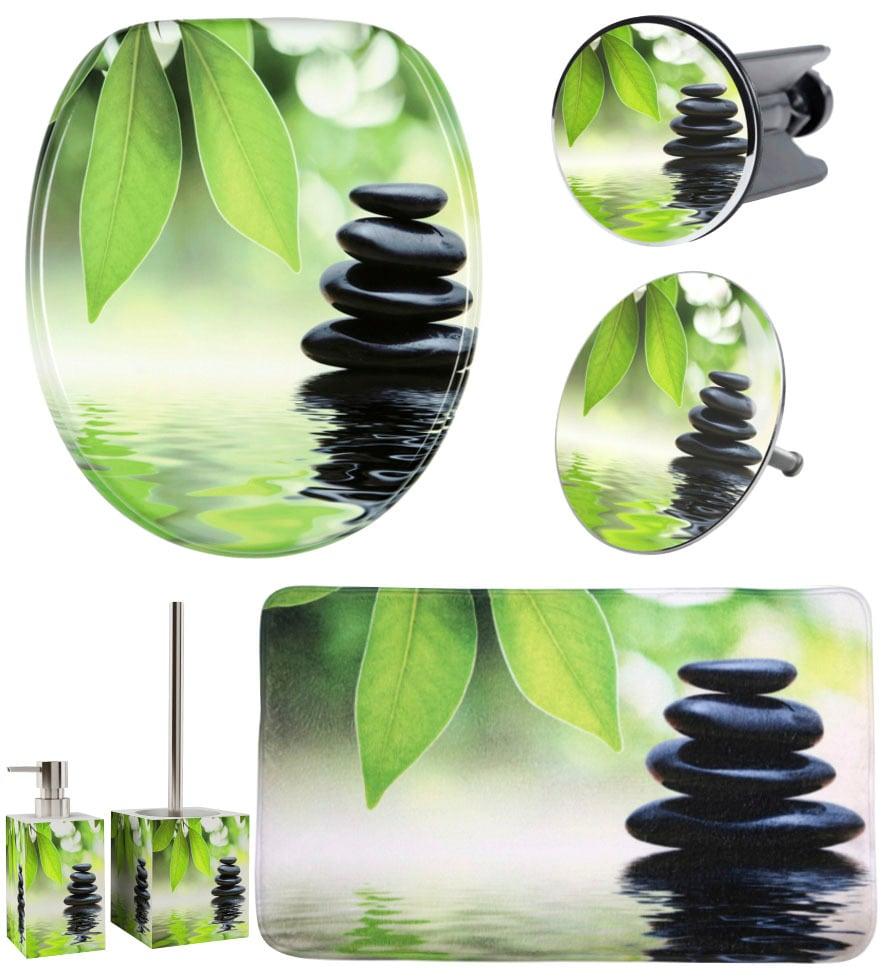Badaccessoire-Set SANILO "Harmony", schwarz, grün, Massivholz, Polyester, Polyresin (Kunststein), Badaccessoires-Sets, Badaccessoire-Set, bestehend aus WC-Sitz, Badteppich, Stöpsel, Seifenspender, WC-Bürste