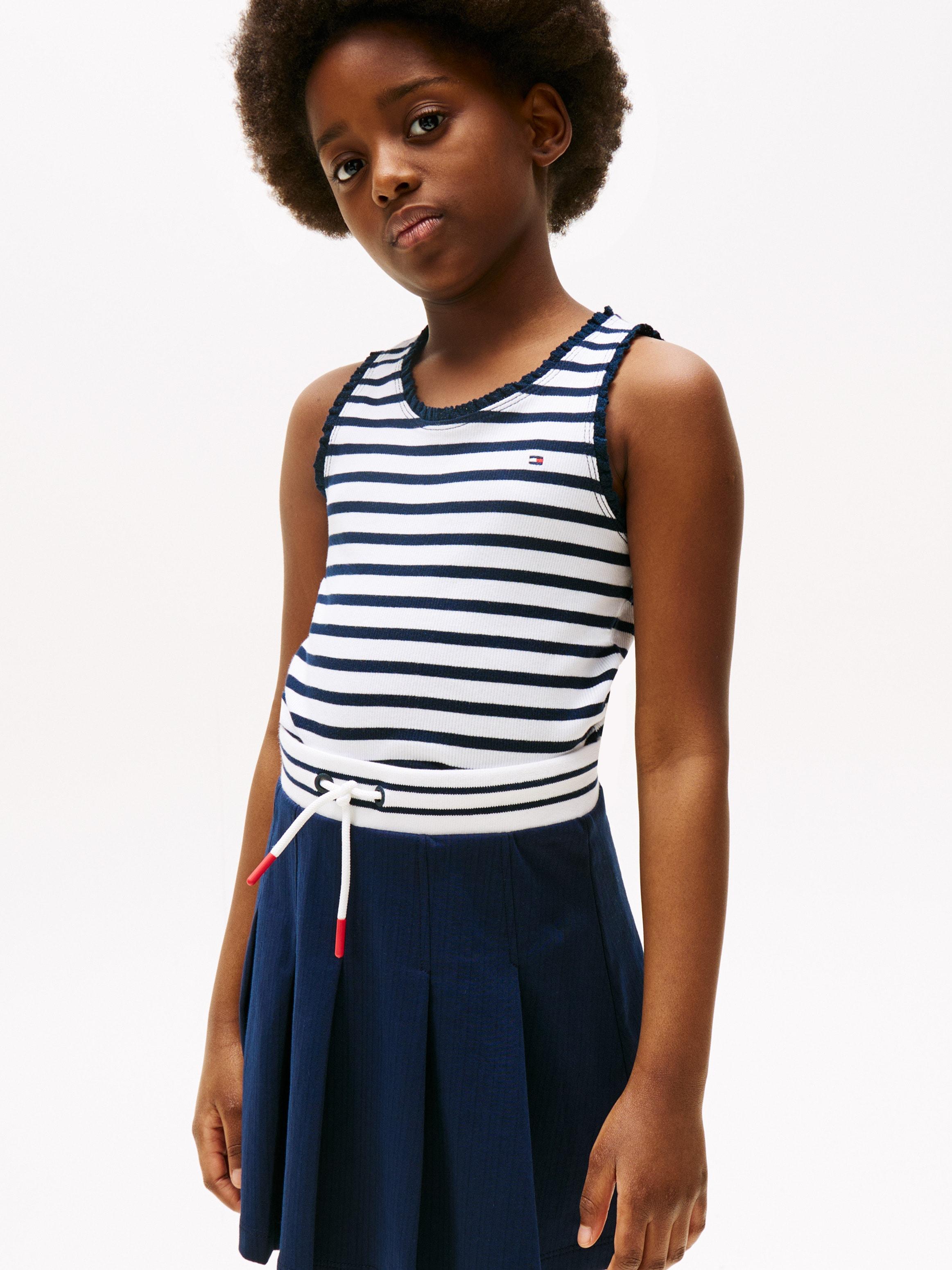 Tanktop TOMMY HILFIGER "ESSENTIAL RIB LACE TANK TOP", Mädchen, Gr. 4 (104), blau (schwarz night navy), Rippware, Obermaterial: 95% Baumwolle, 5% Elasthan, gestreift, normal, Rundhals, Tops Tanktop, mit Spitze, mit Logostickerei