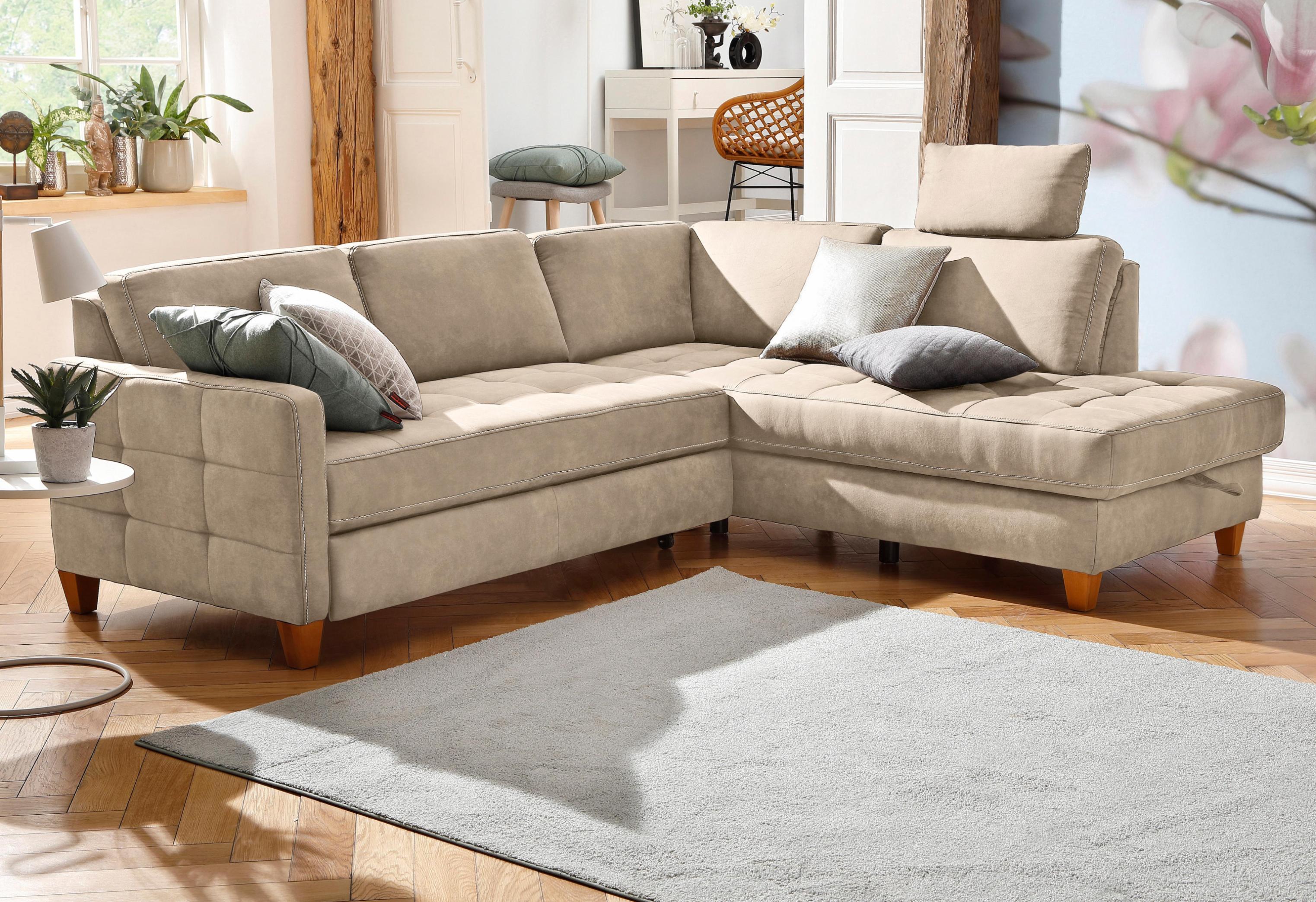 Ecksofa HOME AFFAIRE "Earl L-Form", beige, B:233cm H:80cm T:196cm, Luxus-Microfaser in Lederoptik (100% Polyester);Struktur fein (100% Polyester);Luxus-Microfaser ALTARA NUBUCK (100% Polyester), Sofas, Ecksofa, wahlweise auch mit Bettfunktion oder Bettfunktion mit Bettkasten