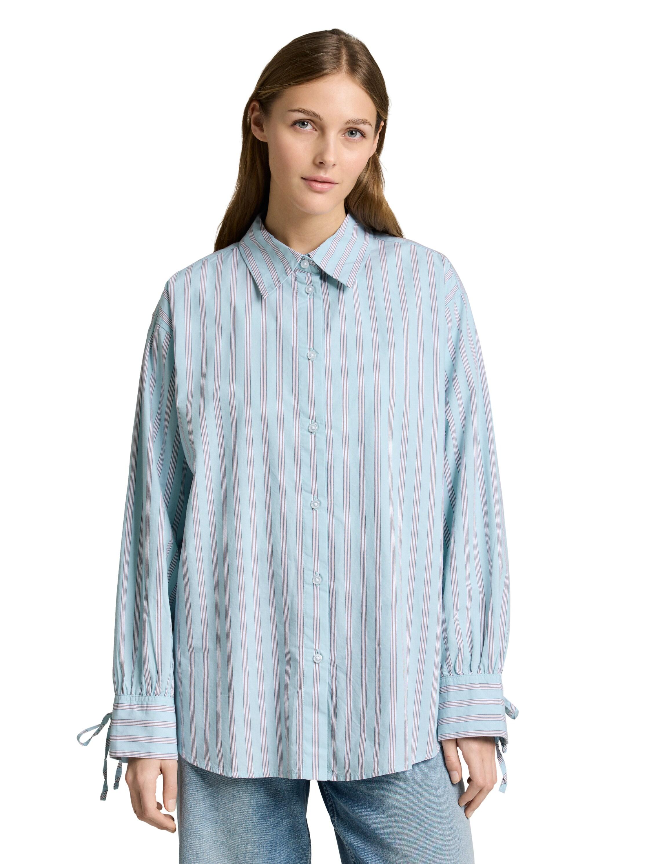 Klassische Bluse TOM TAILOR DENIM, Damen, Gr. S, blau weiß braun stripe, Web, Obermaterial: 100% Baumwolle, gestreift, oversize normal, ohne Ausschnitt, Manschette, Blusen Klassische Bluse, mit Streifen Muster