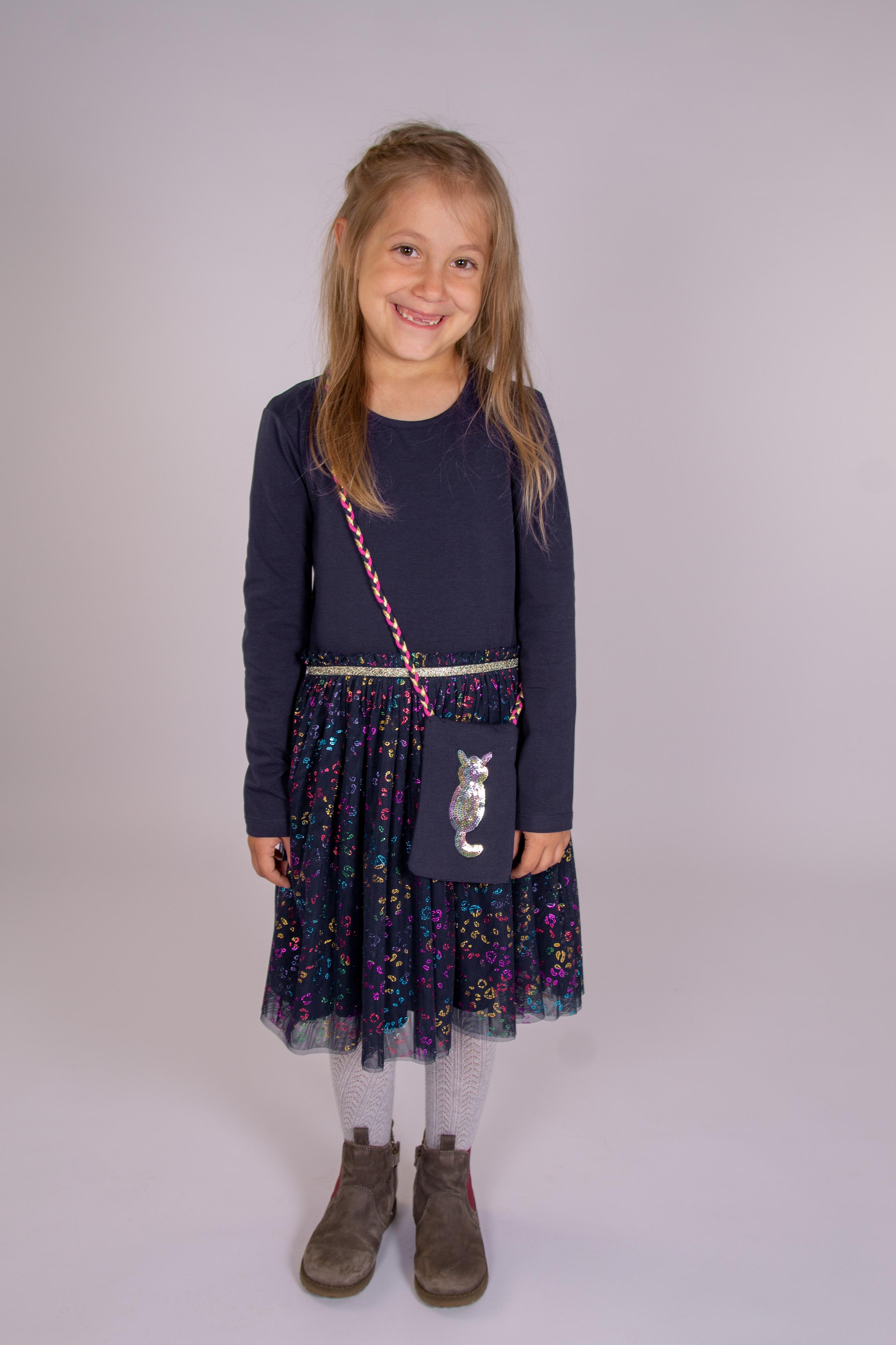 Midikleid HAPPY GIRLS, Mädchen, Gr. 92, N-Gr, blau (navy), Sweatware;Mesh, Obermaterial: 95% Baumwolle, 5% Elasthan. Futter: 100% Baumwolle. Unterteil: 100% Viskose, bedruckt, unifarben, regular fit normal, Rundhals, Kleider Midikleid, mit kleiner Umhängetasche mit Pailletten