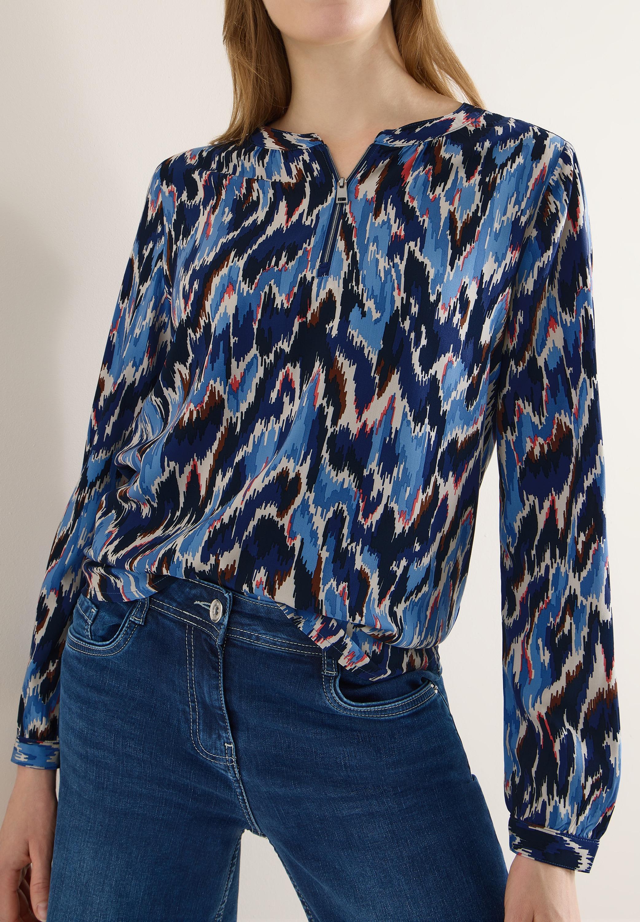 Langarmbluse CECIL, Damen, Gr. M (40), cloud blau, Web, Obermaterial: 100% Viskose, bedruckt, lässig geschnitten hüftbedeckend, Rundhals, 1-Knopf-Manschette, Blusen Langarmbluse, mit grafischem Print und Reißverschluss