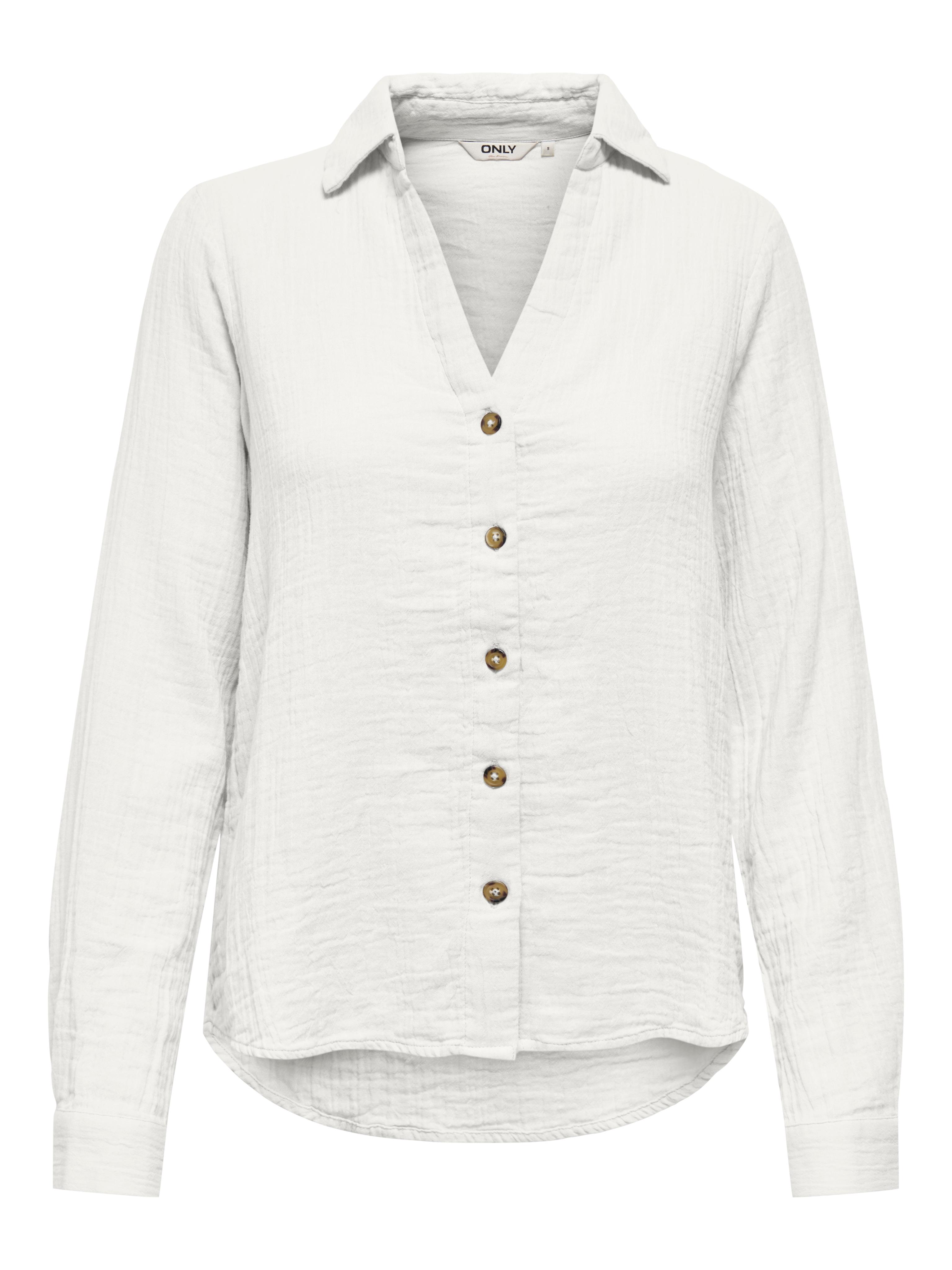 Langarmbluse ONLY "ONLTHYRA LIFE L/S REGULAR SHIRT NOOS WVN", Damen, Gr. M, cloud dancer, Web, Obermaterial: 100% Baumwolle, unifarben, regular fit hüftbedeckend, V-Ausschnitt, Blusen Langarmbluse