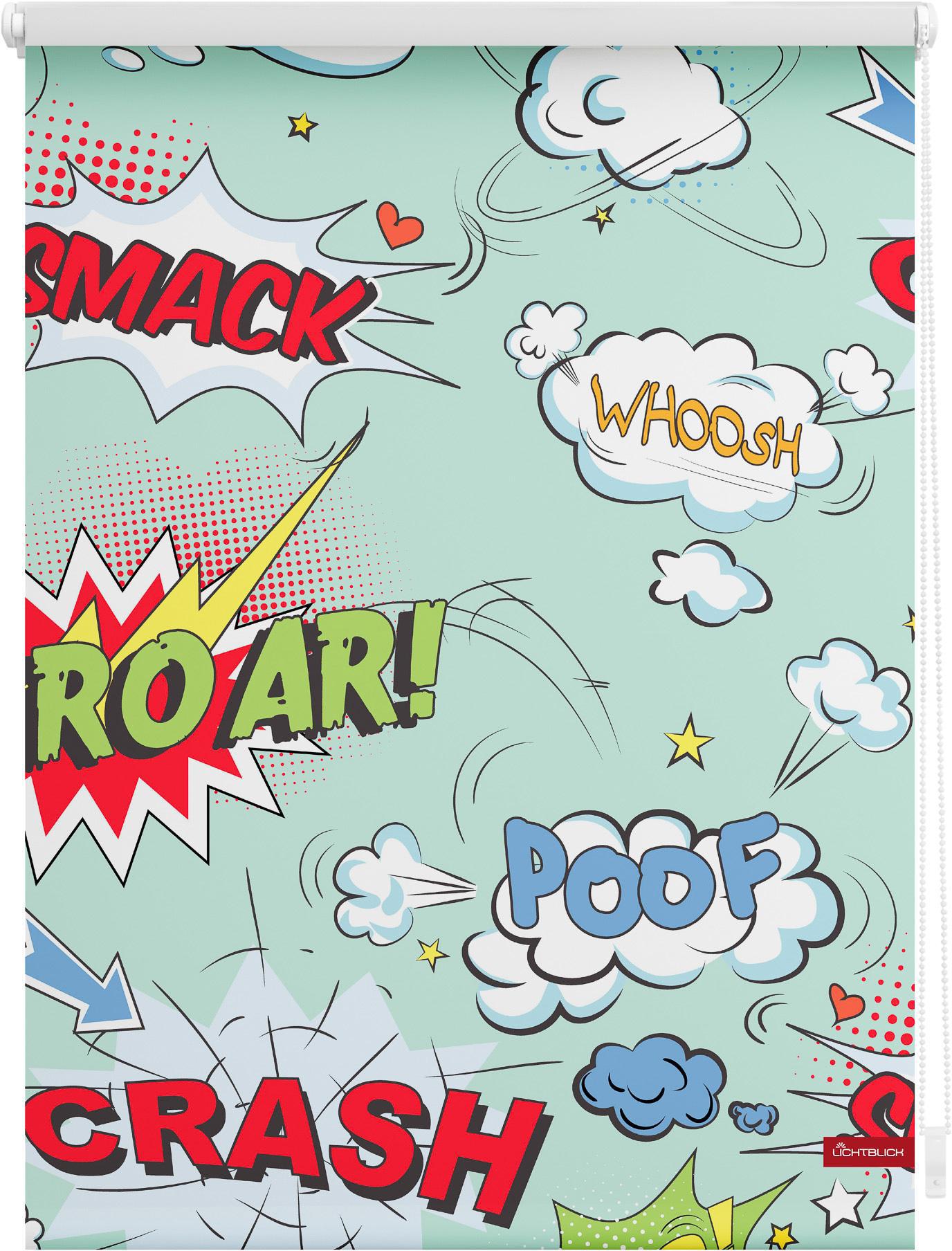 Seitenzugrollo LICHTBLICK ORIGINAL "Klemmfix Motiv Crash" Gr. 6, bunt (bunt, weiß), B:100cm H:150cm, Polyester, Rollos, Seitenzugrollo, bedruckt