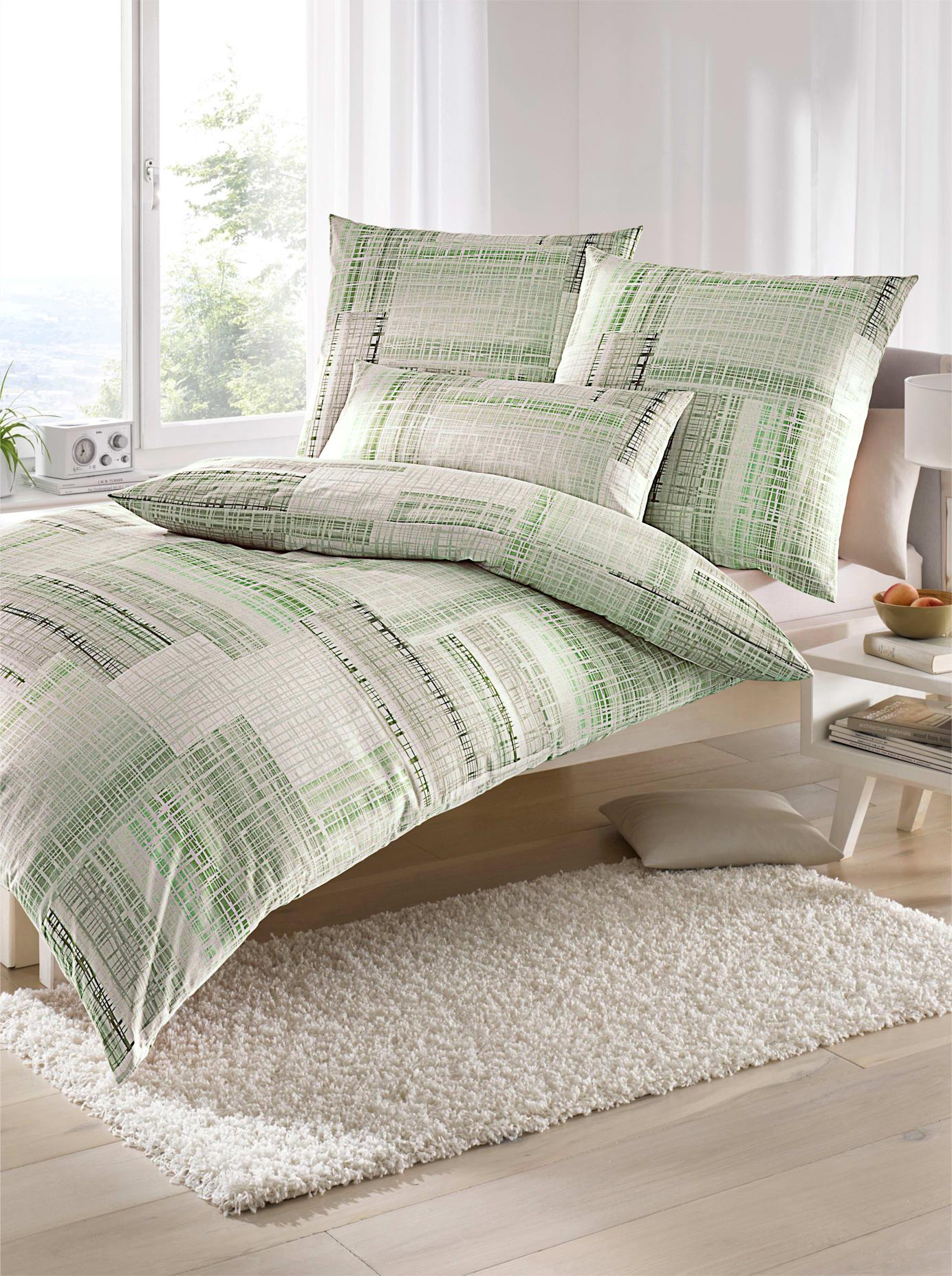 Bettwäsche BIBERNA Gr. 2, grün (lindgrün), B/L: 155cm x 200cm, Feinbiber, B/L: 80cm x 80cm, 3 Stk., Feinbiber, 100% Baumwolle, Bettwäsche, Bettwäsche