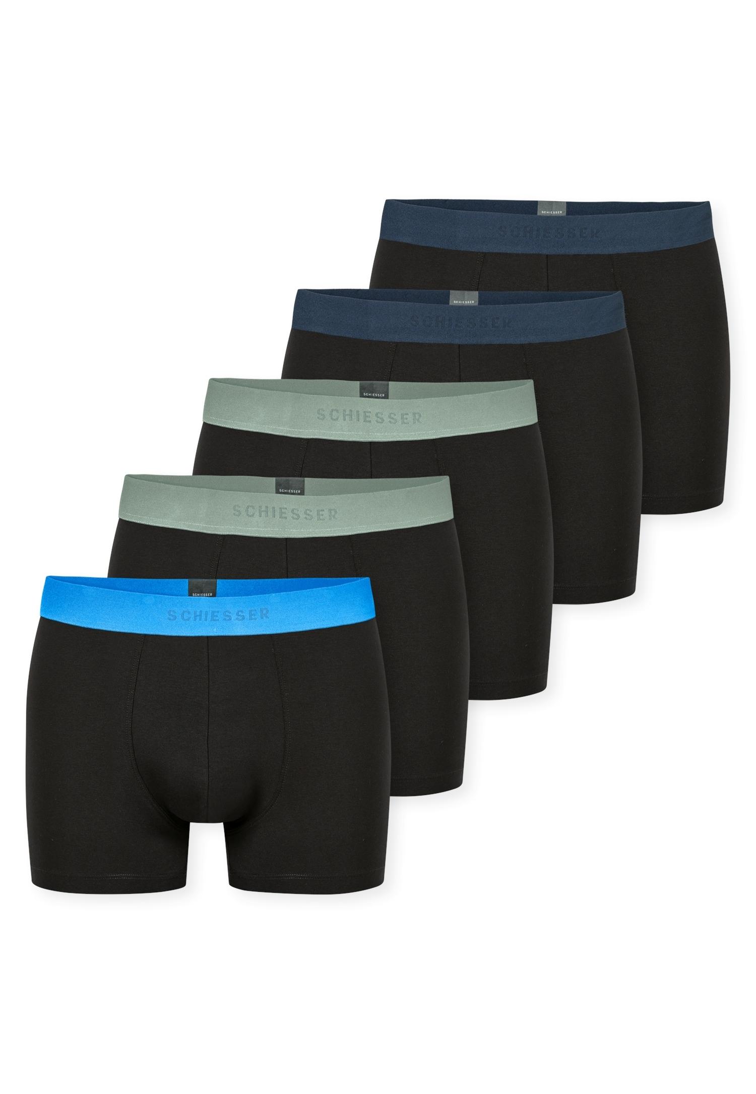 Boxershorts SCHIESSER "95/5 Multipacks", Herren, Gr. 9, bunt (908, grün, hellblau, petrol), Single Jersey, Obermaterial: 95% Baumwolle, 5% Elasthan, unifarben mit Farbeinsatz, körpernah, Unterhosen Boxershorts, ohne Eingriff, angenehm weich