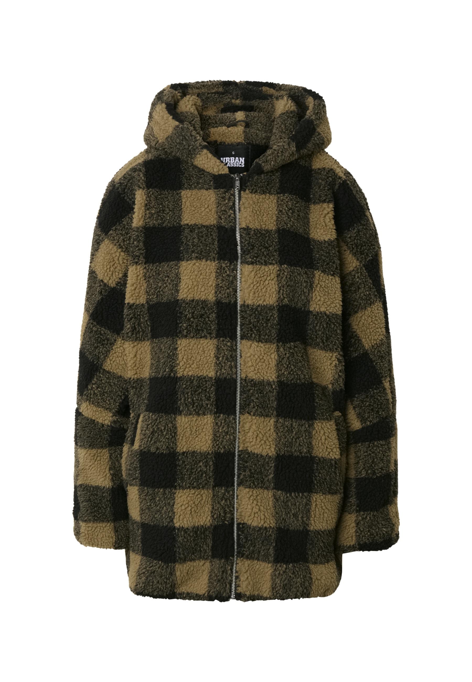 Winterjacke Urban Classics "Urban Classics Damen Ladies Hooded Oversized Check Sherpa Jacket", Damen, Gr. Xs, Softtaupe, Schwarz, 100% Polyester, Kariert, Oversize, Ohne Ausschnitt, Jacken Winterjacke