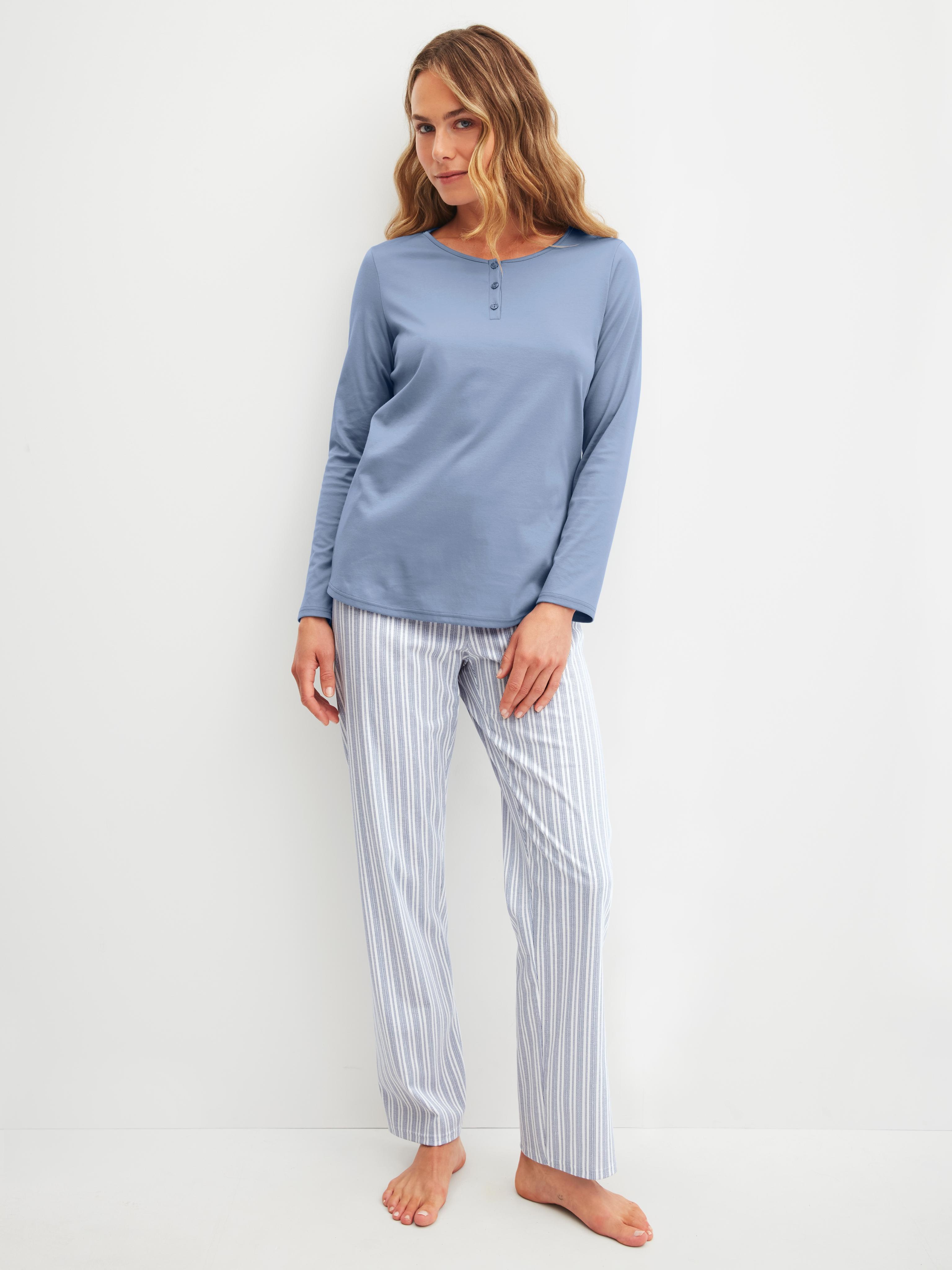 Schlafanzug Calida "Striped Dreams", Damen, Gr. XS (36/38), Blau (Aura Blau), Interlock, Obermaterial: 100% Baumwolle, Bequem Lang, Rundhals, Homewear-Sets Schlafanzug, Aus Weicher Interlock-QualitäT, Mit Langen ÄRmeln, Hose Gestreift