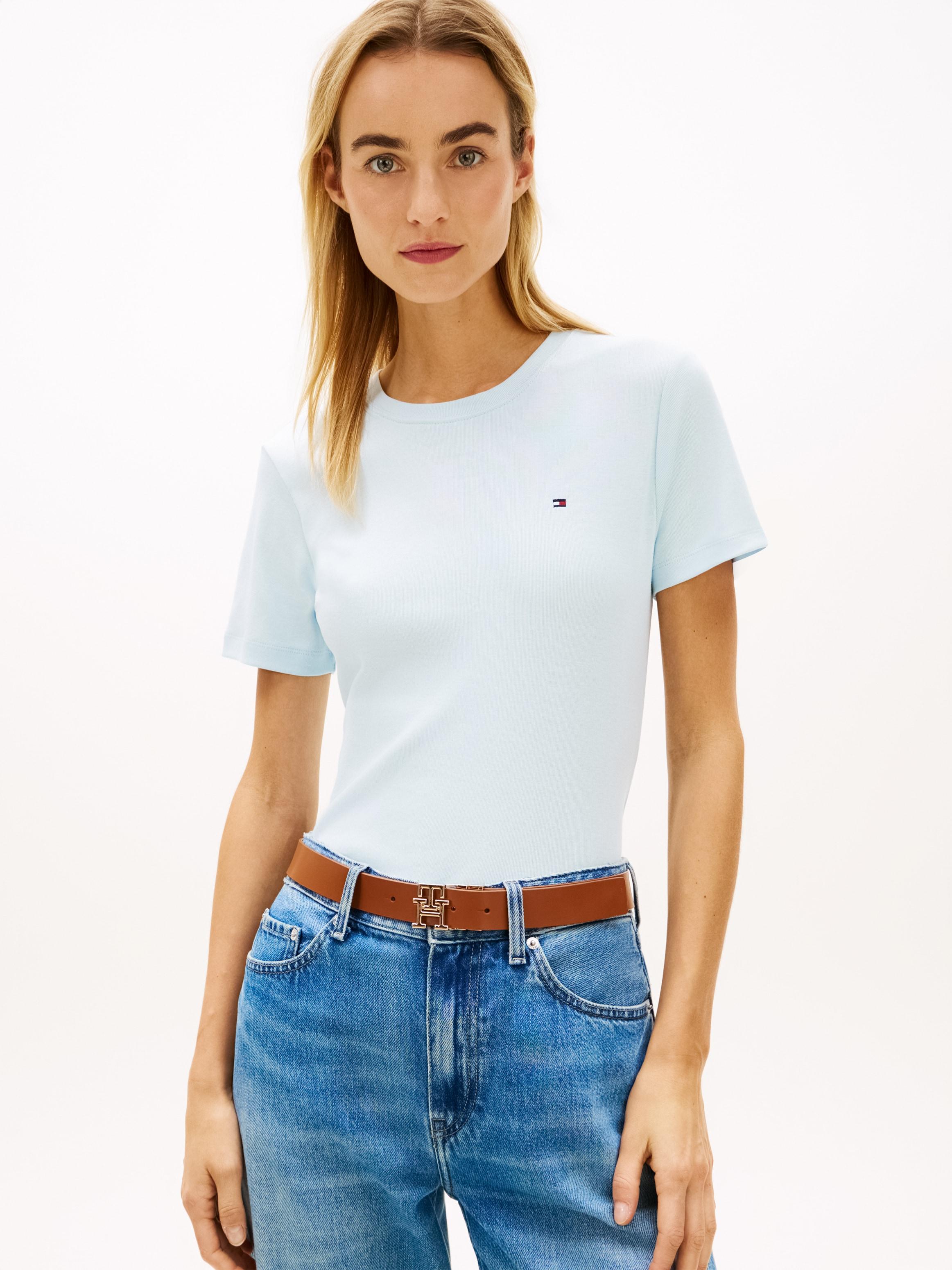 T-Shirt Tommy Hilfiger "Slim Cody C-NK", Damen, Gr. L (42/44), Keepsake Blau, Jersey, Obermaterial: 100% Baumwolle, Unifarben, Slim Fit Normal, Rundhals, Abgesteppt, Shirts T-Shirt, Baumwolle, Slim Fit