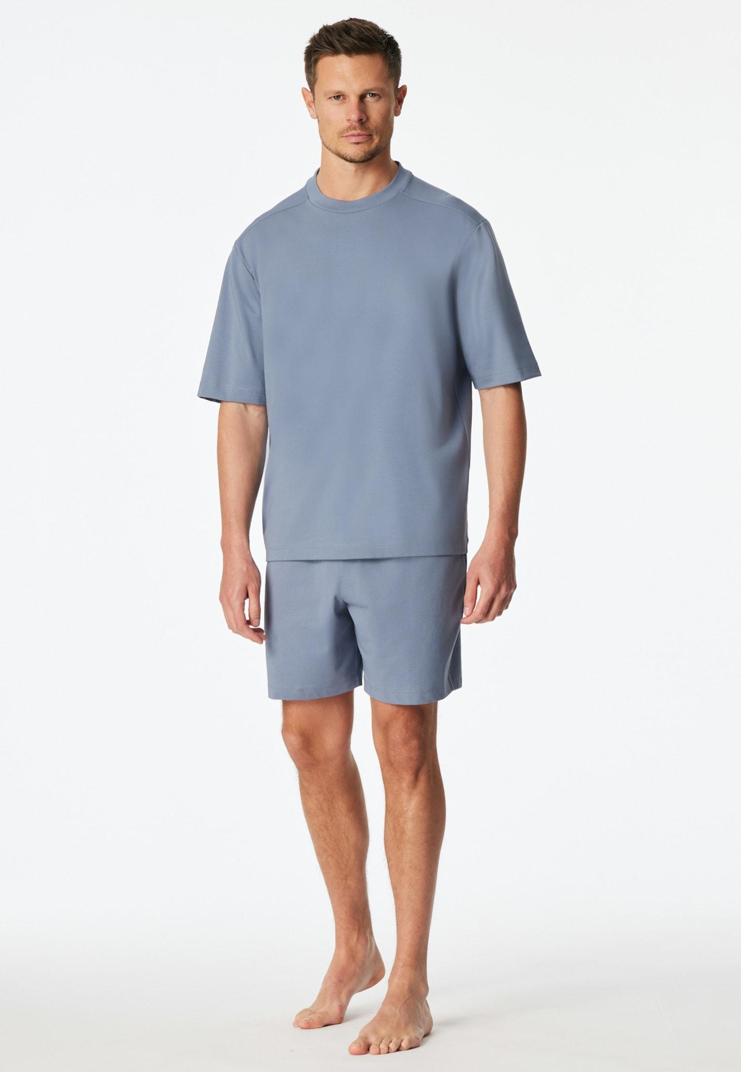 Shorty Schiesser "Modern Nightwear", Herren, Gr. 48, 808, Blau, Single Jersey, Obermaterial: 73% Baumwolle, 27% Polyester, Bequem Kurz, Rundhals, Homewear-Sets Shorty, Mit Rundhalsausschnitt Und Kurzem Arm, Leichter Oversize-Fit