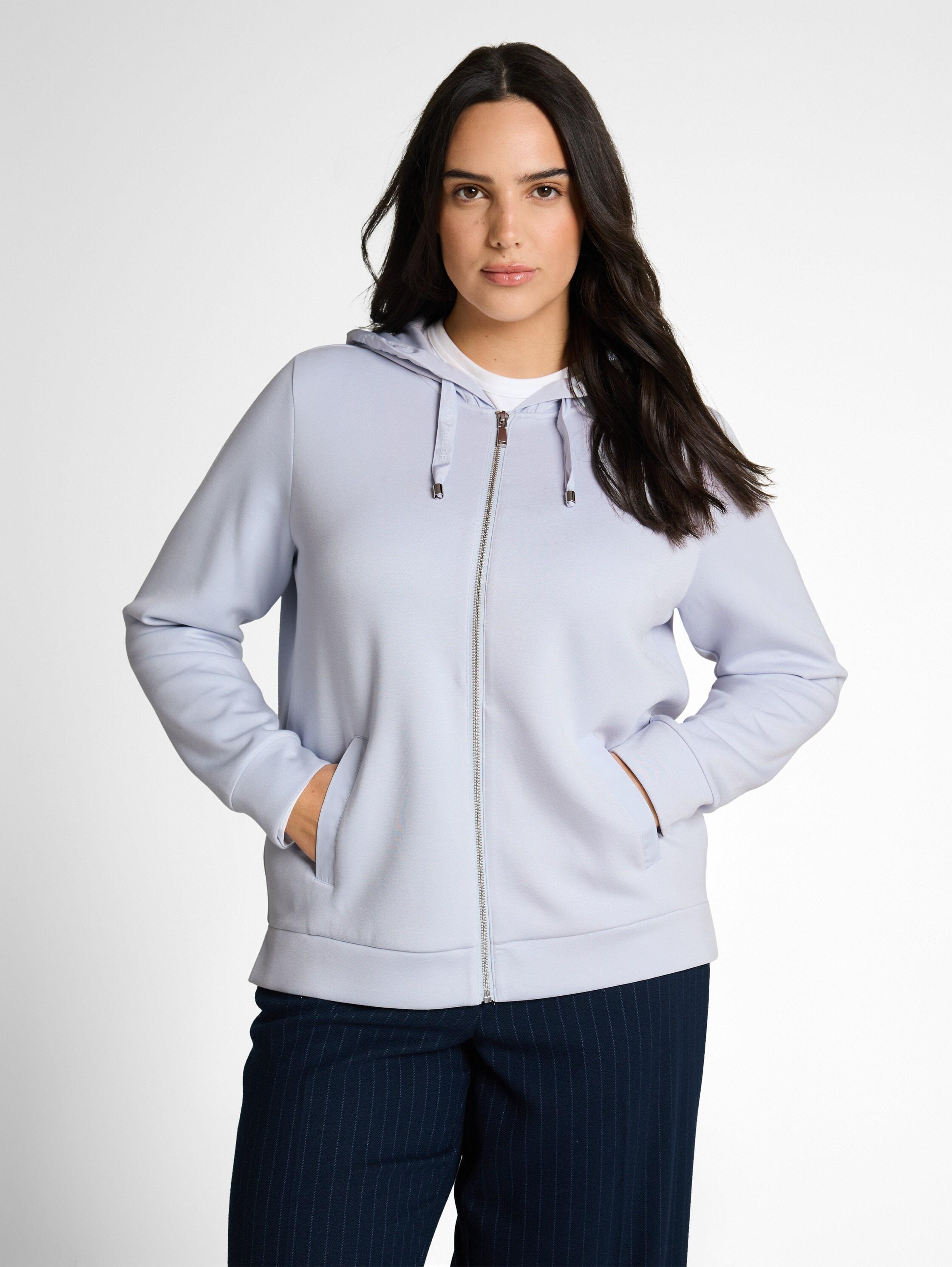Kapuzensweatjacke Tom Tailor Plus, Jungen, Gr. 46, Soft Dusty Blau, Sweatware, Obermaterial: 51% Polyester, 42% Viskose, 7% Elasthan, Unifarben, Normal HüFtbedeckend, Rundhals, BüNdchen, Sweatjacken, Aus Scuba Stoff